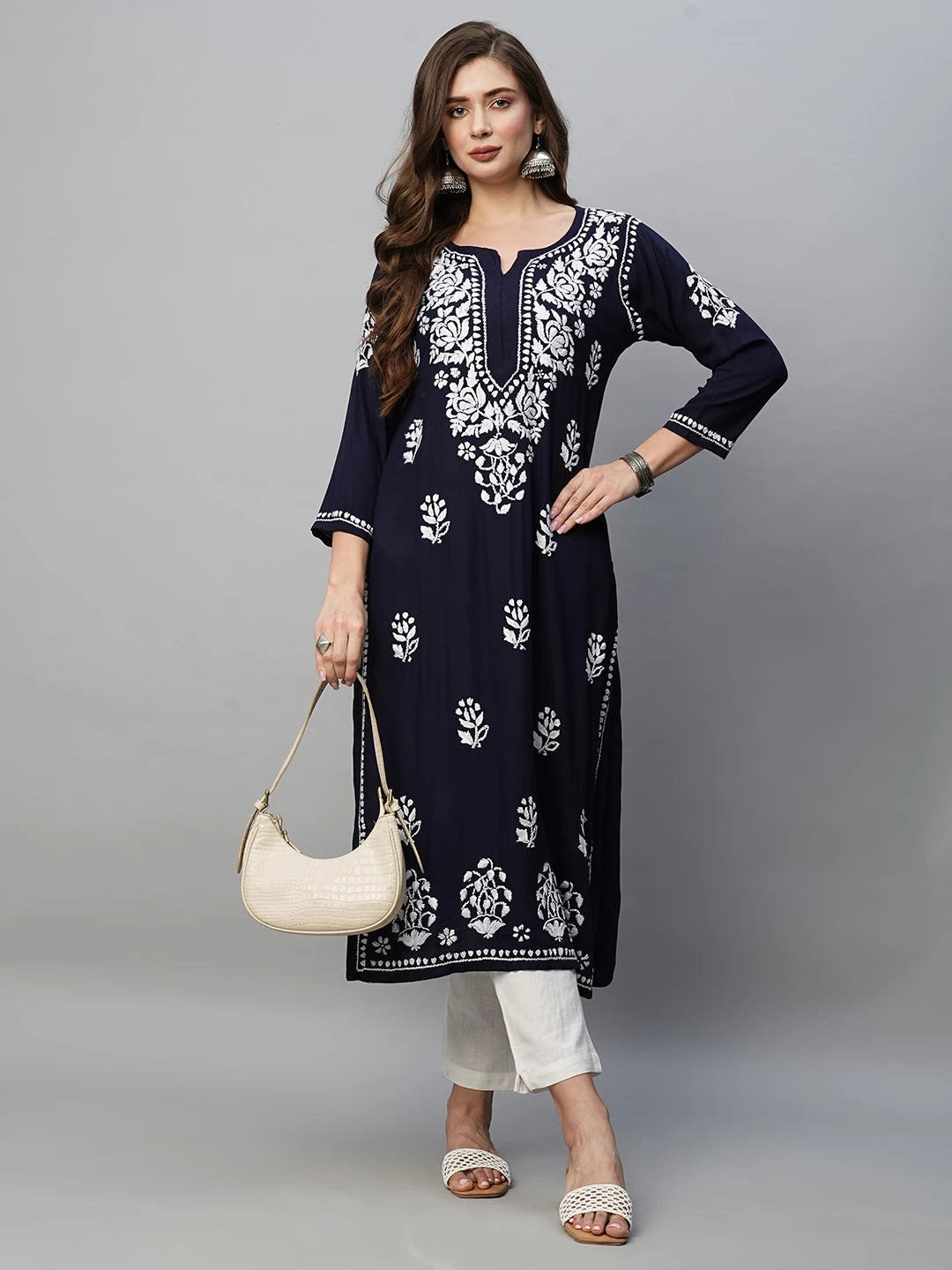Ada Hand Embroidered Navy Blue Rayon Lucknowi Chikankari Straight Kurta A411514
