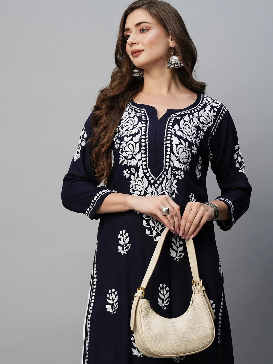 Ada Hand Embroidered Navy Blue Rayon Lucknowi Chikankari Straight Kurta A411514