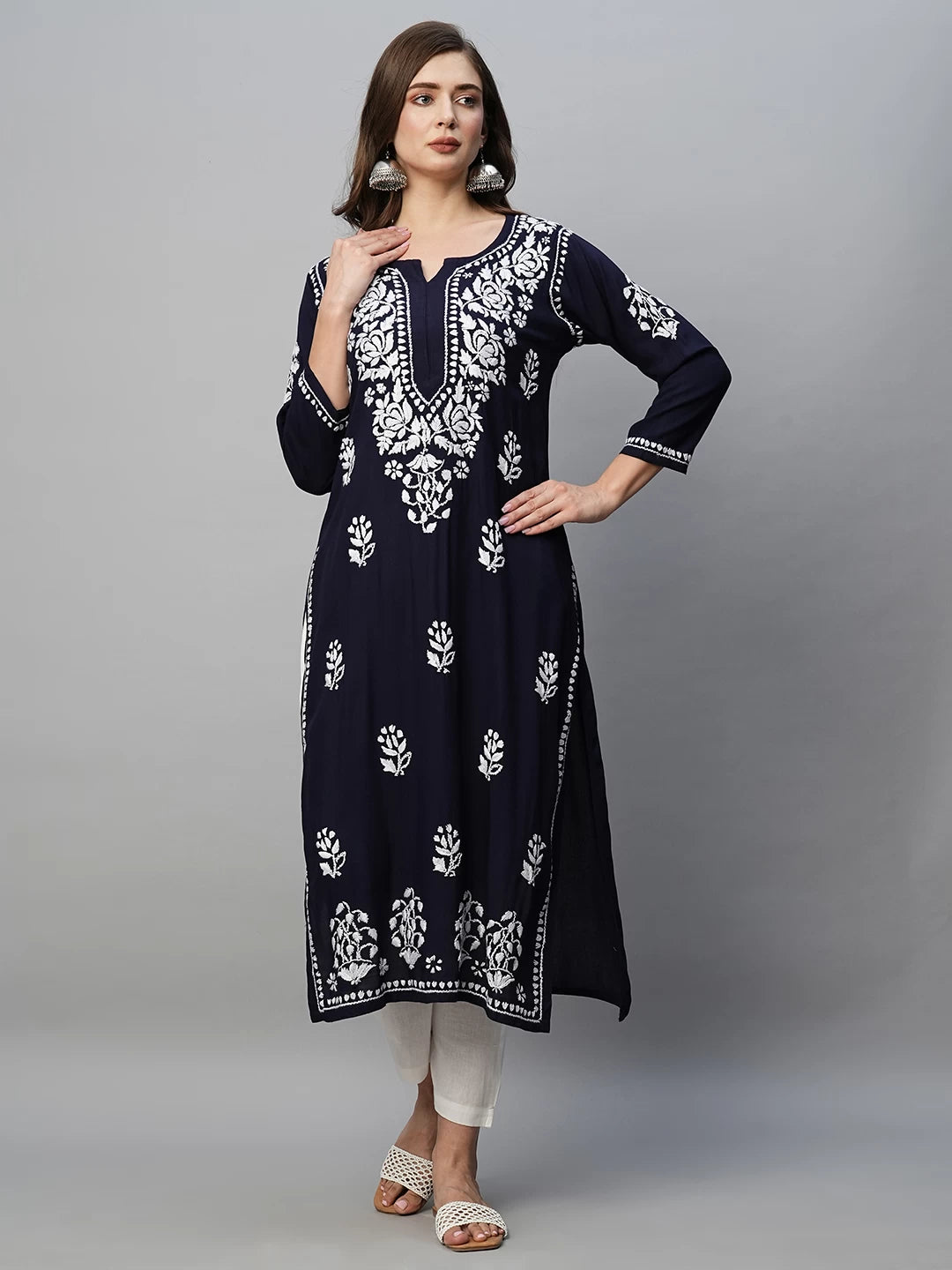 Ada Hand Embroidered Navy Blue Rayon Lucknowi Chikankari Straight Kurta A411514