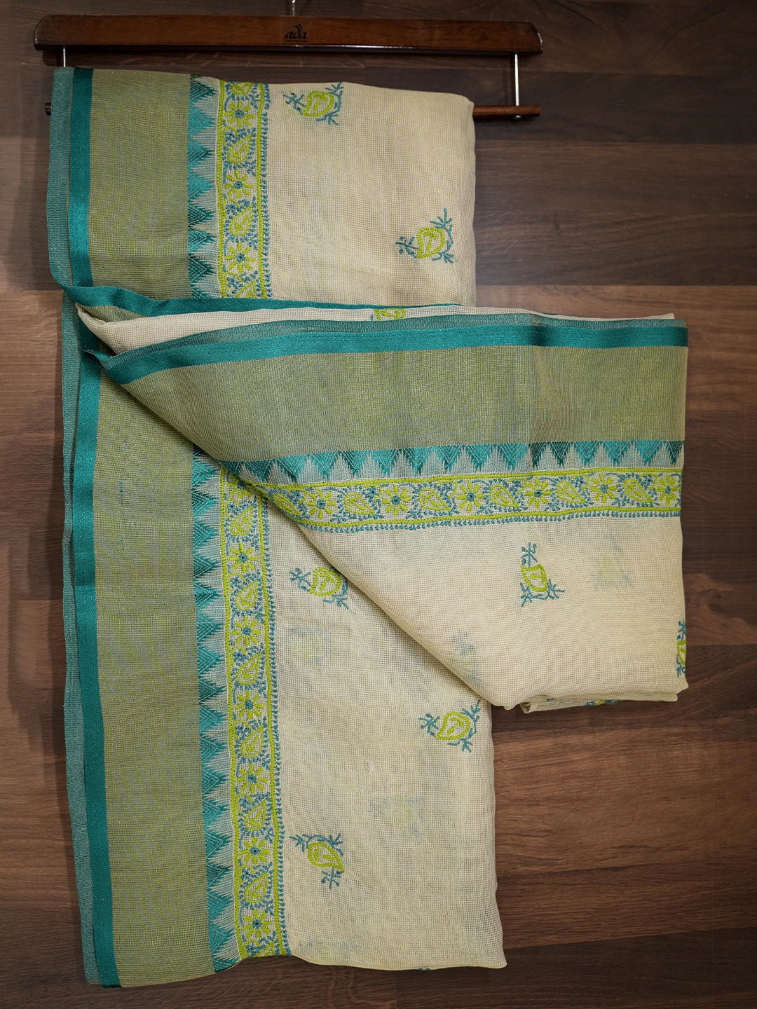 Ada Hand Embroidered Natural Fawn Kota Chanderi Lucknowi Chikankari Saree With Blouse 01A364423