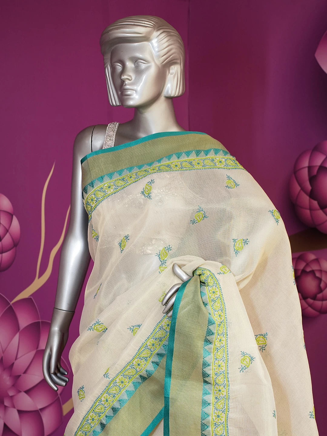 Ada Hand Embroidered Natural Fawn Kota Chanderi Lucknowi Chikankari Saree With Blouse 01A364423