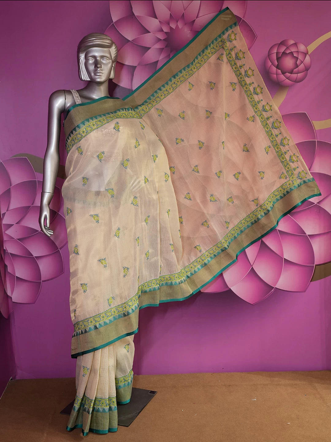 Ada Hand Embroidered Natural Fawn Kota Chanderi Lucknowi Chikankari Saree With Blouse 01A364423