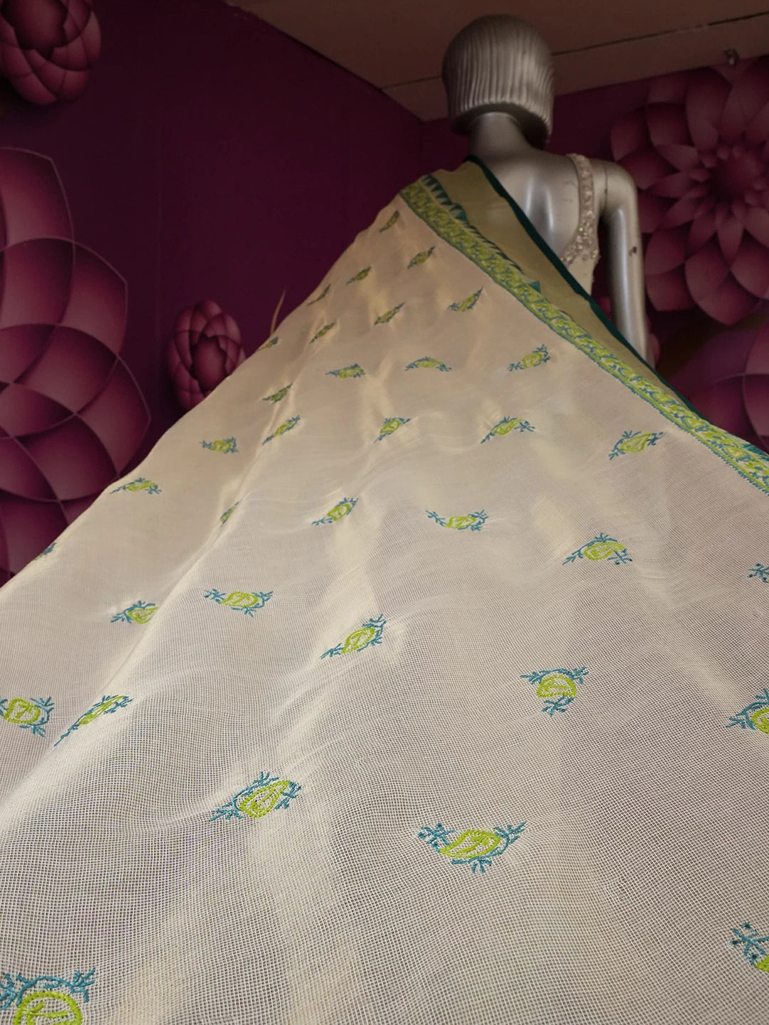Ada Hand Embroidered Natural Fawn Kota Chanderi Lucknowi Chikankari Saree With Blouse 01A364423