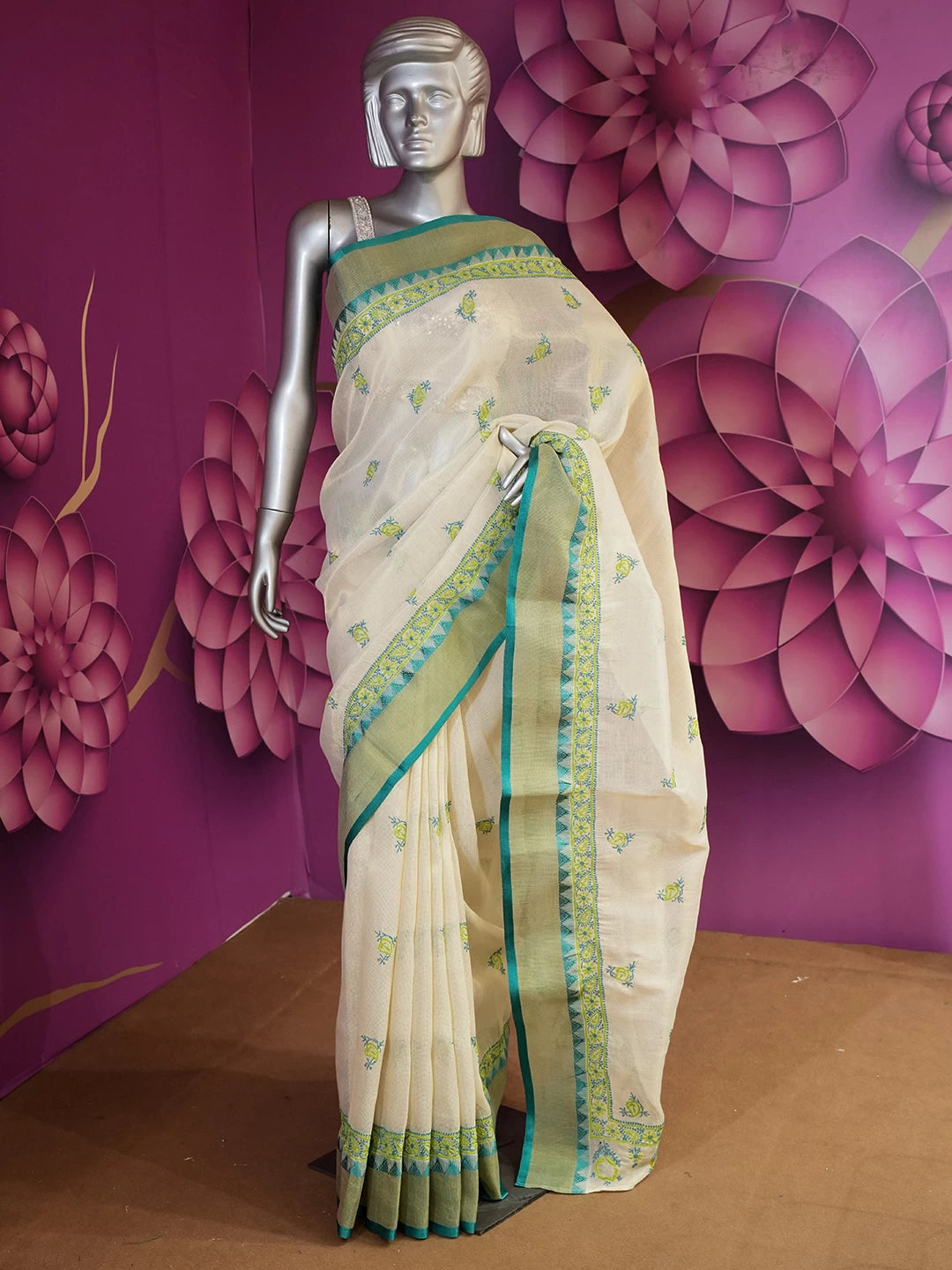 Ada Hand Embroidered Natural Fawn Kota Chanderi Lucknowi Chikankari Saree With Blouse 01A364423