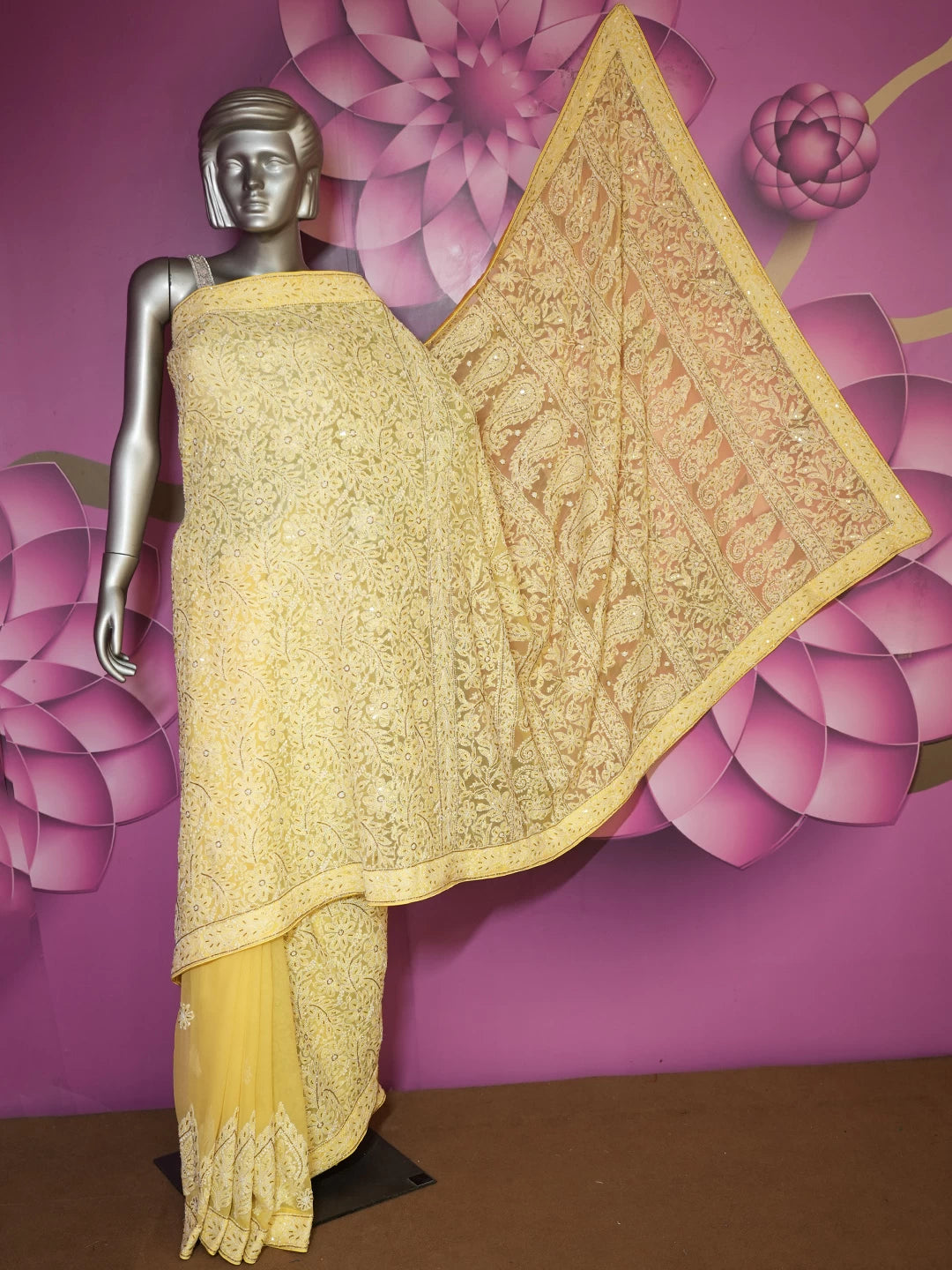 Ada Hand Embroidered Yellow Georgette Lucknowi Chikankari Saree With Blouse And Cutdana Work 01A378520