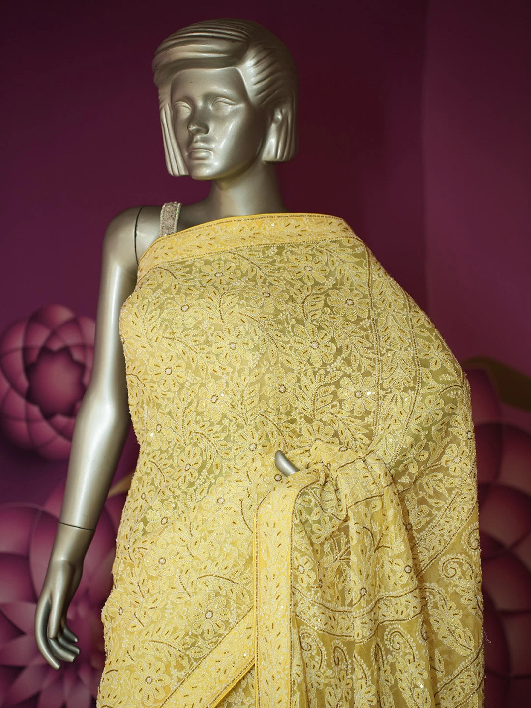 Ada Hand Embroidered Yellow Georgette Lucknowi Chikankari Saree With Blouse And Cutdana Work 01A378520