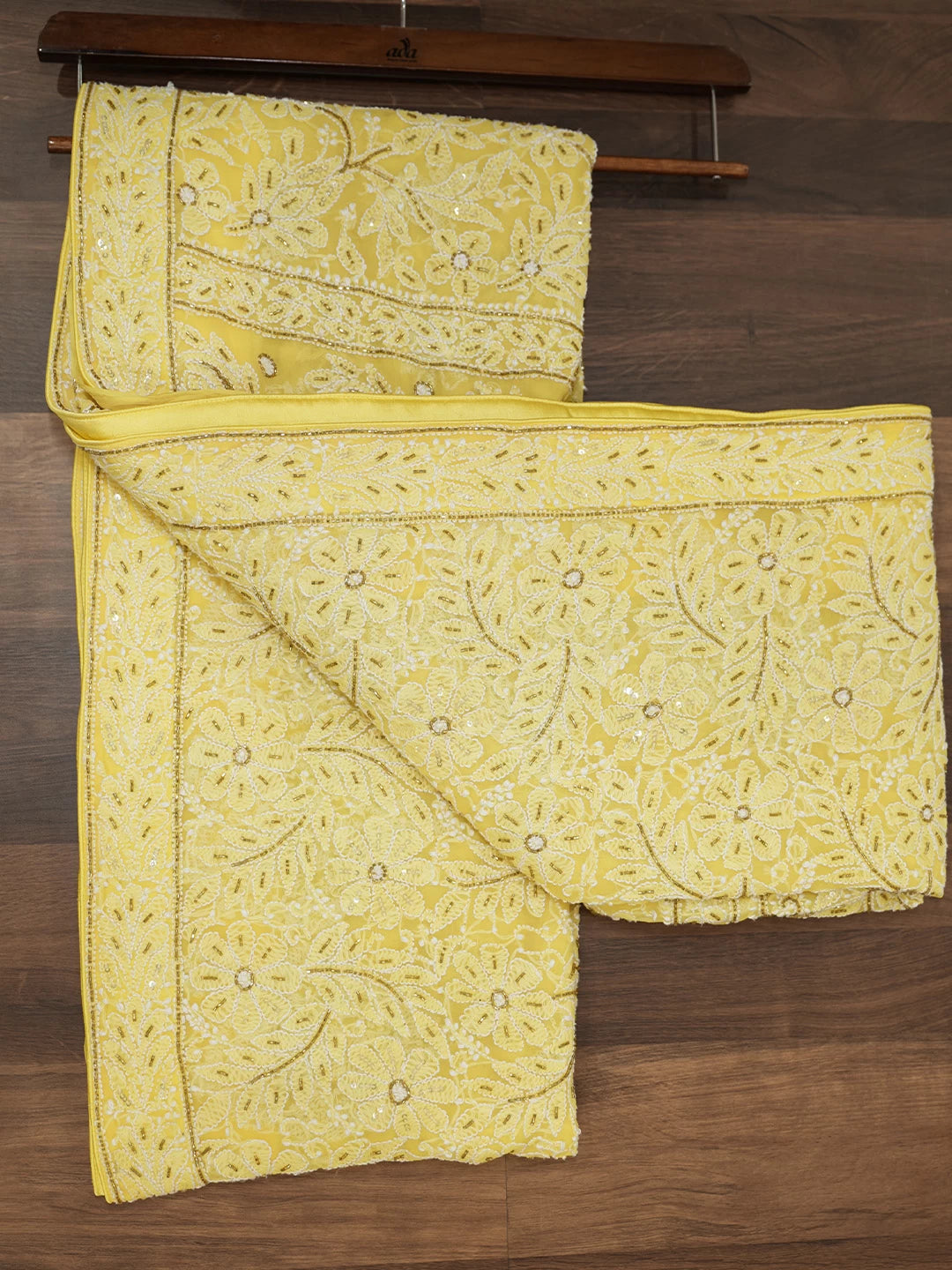 Ada Hand Embroidered Yellow Georgette Lucknowi Chikankari Saree With Blouse And Cutdana Work 01A378520