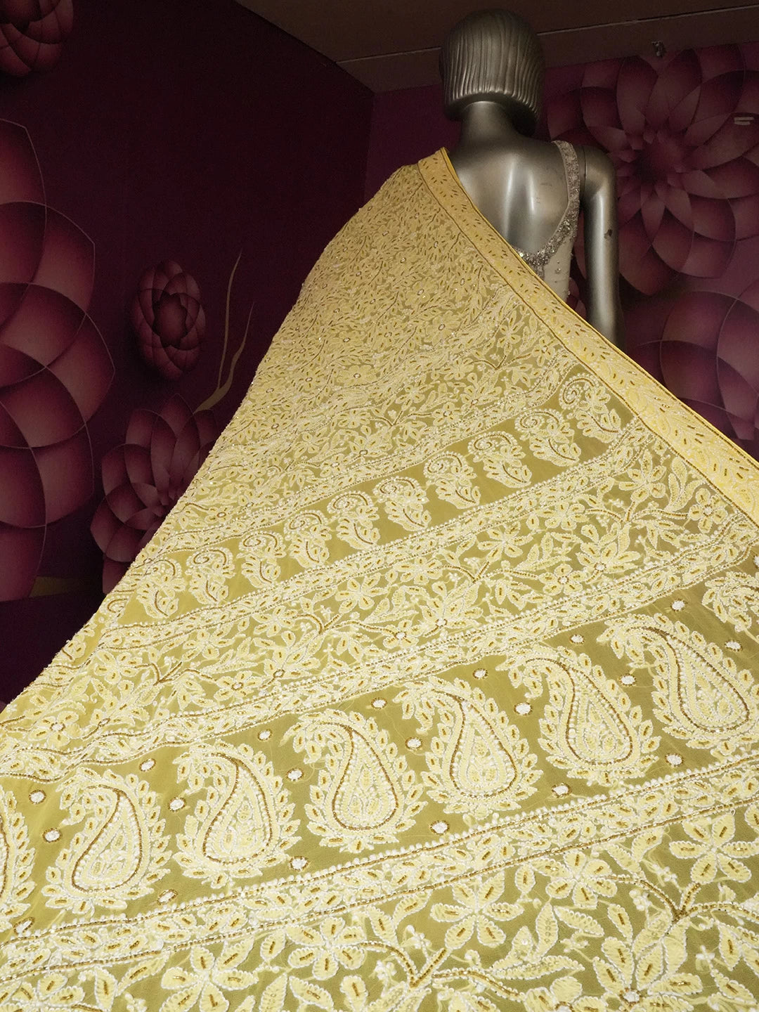Ada Hand Embroidered Yellow Georgette Lucknowi Chikankari Saree With Blouse And Cutdana Work 01A378520