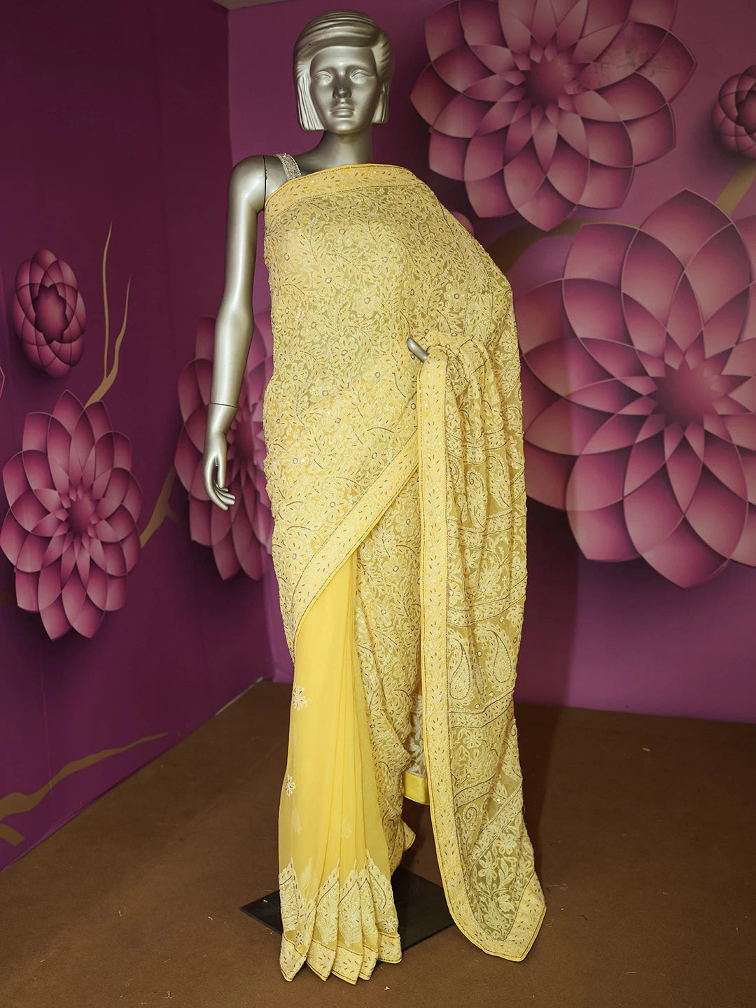Ada Hand Embroidered Yellow Georgette Lucknowi Chikankari Saree With Blouse And Cutdana Work 01A378520