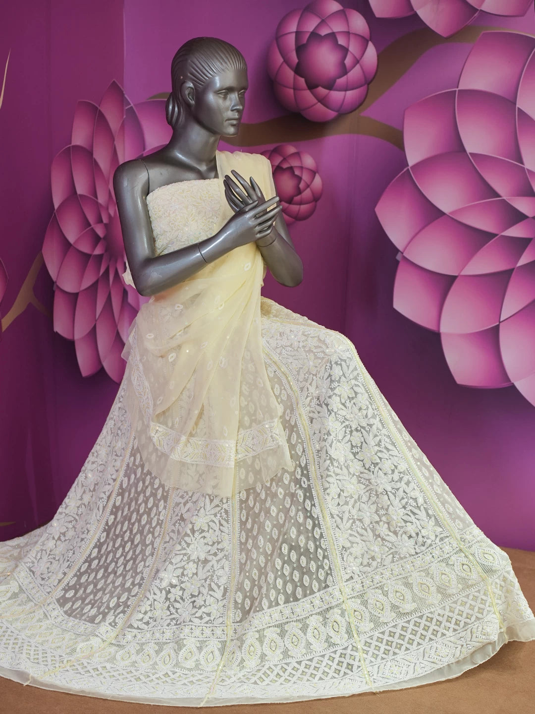 Ada Hand Embroidered Lemon Georgette Lucknowi Chikankari Lehenga Set With Pearl Work 01A410343