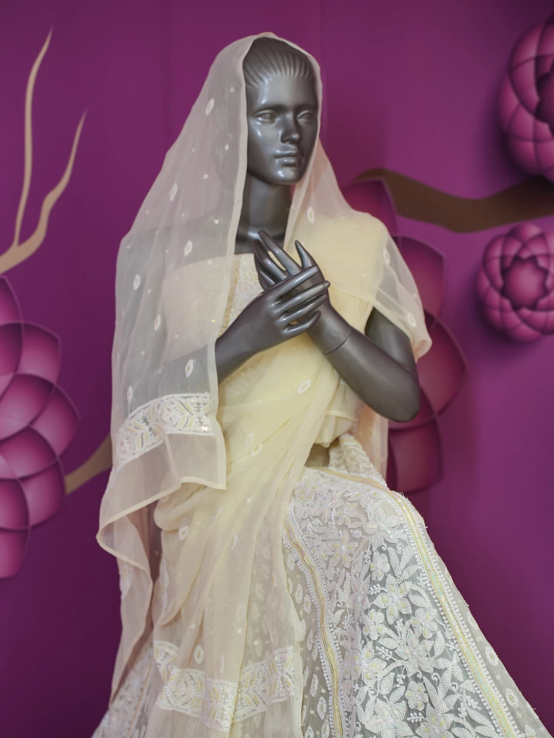 Ada Hand Embroidered Lemon Georgette Lucknowi Chikankari Lehenga Set With Pearl Work 01A410343