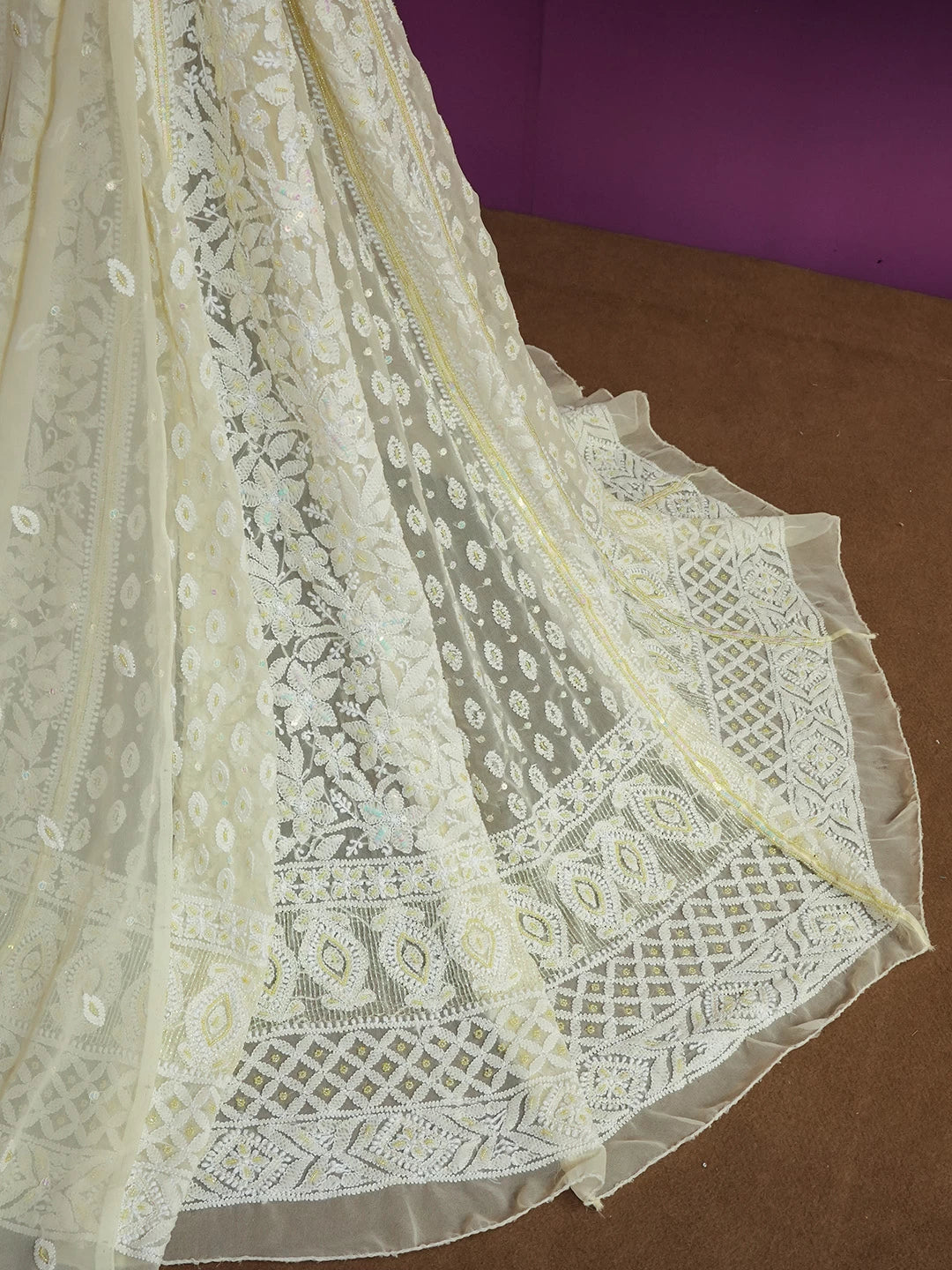 Ada Hand Embroidered Lemon Georgette Lucknowi Chikankari Lehenga Set With Pearl Work 01A410343