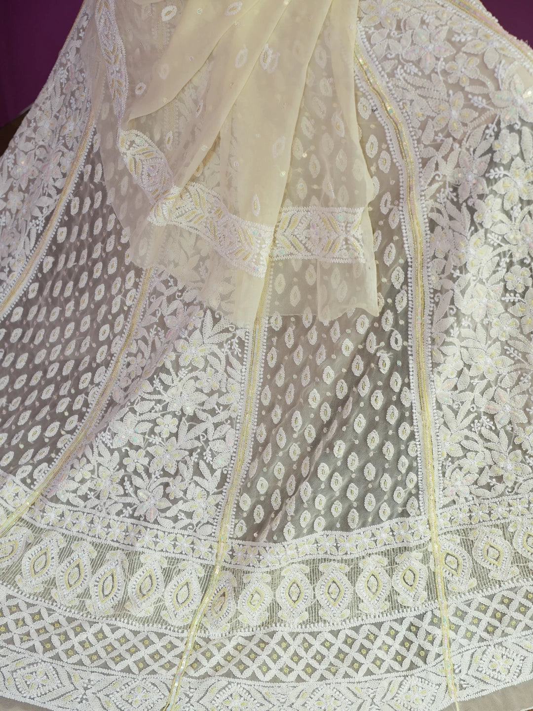 Ada Hand Embroidered Lemon Georgette Lucknowi Chikankari Lehenga Set With Pearl Work 01A410343