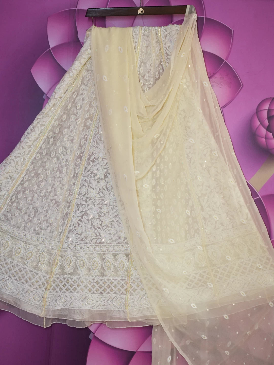 Ada Hand Embroidered Lemon Georgette Lucknowi Chikankari Lehenga Set With Pearl Work 01A410343