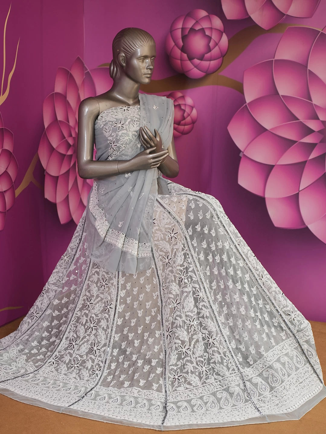 Ada Hand Embroidered Grey Georgette Lucknowi Chikankari Lehenga Set With Sequins Work 01A410344