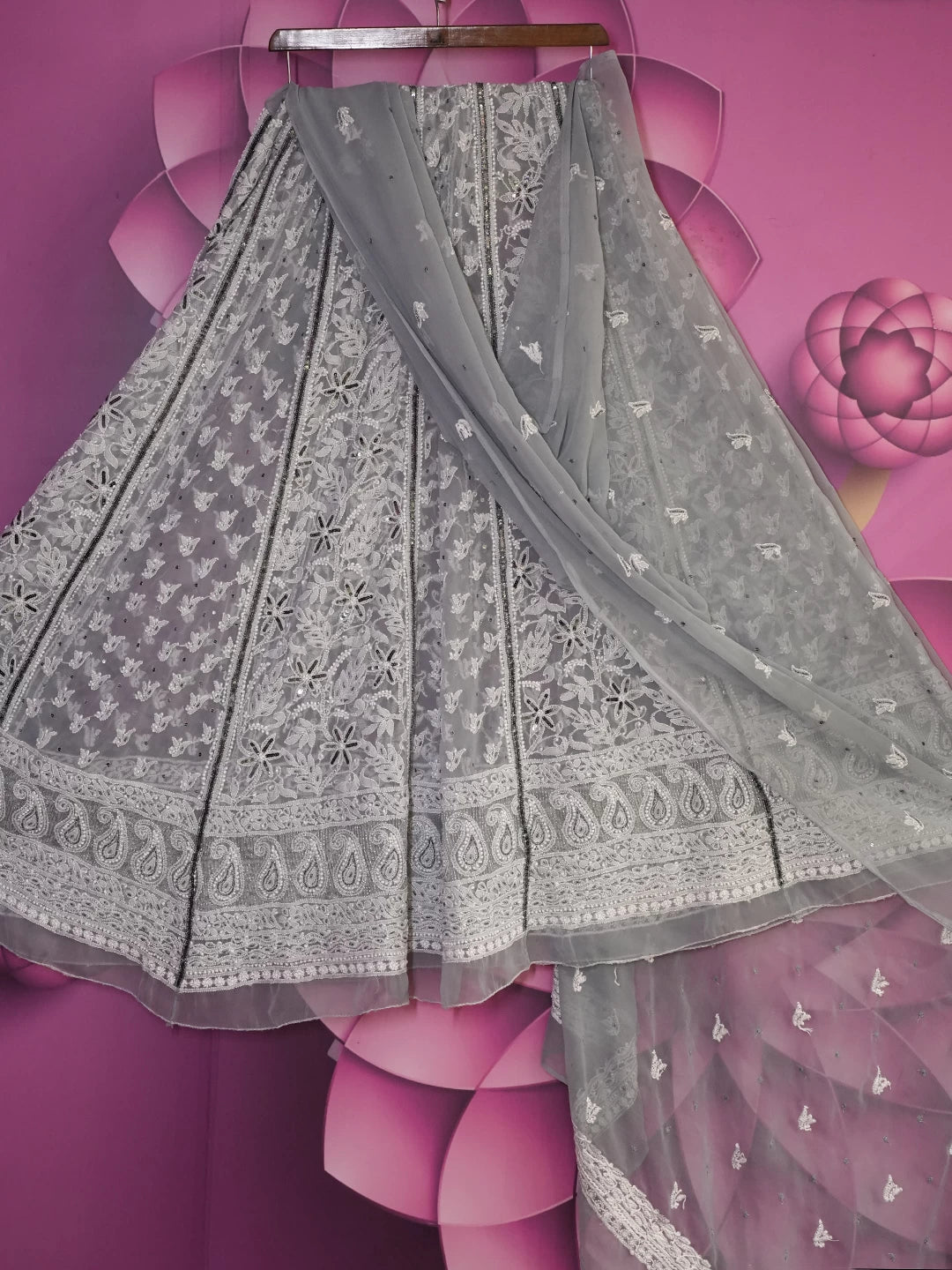 Ada Hand Embroidered Grey Georgette Lucknowi Chikankari Lehenga Set With Sequins Work 01A410344
