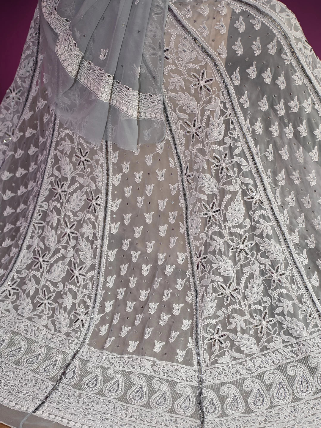 Ada Hand Embroidered Grey Georgette Lucknowi Chikankari Lehenga Set With Sequins Work 01A410344
