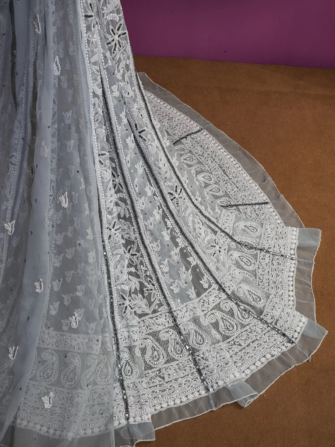 Ada Hand Embroidered Grey Georgette Lucknowi Chikankari Lehenga Set With Sequins Work 01A410344