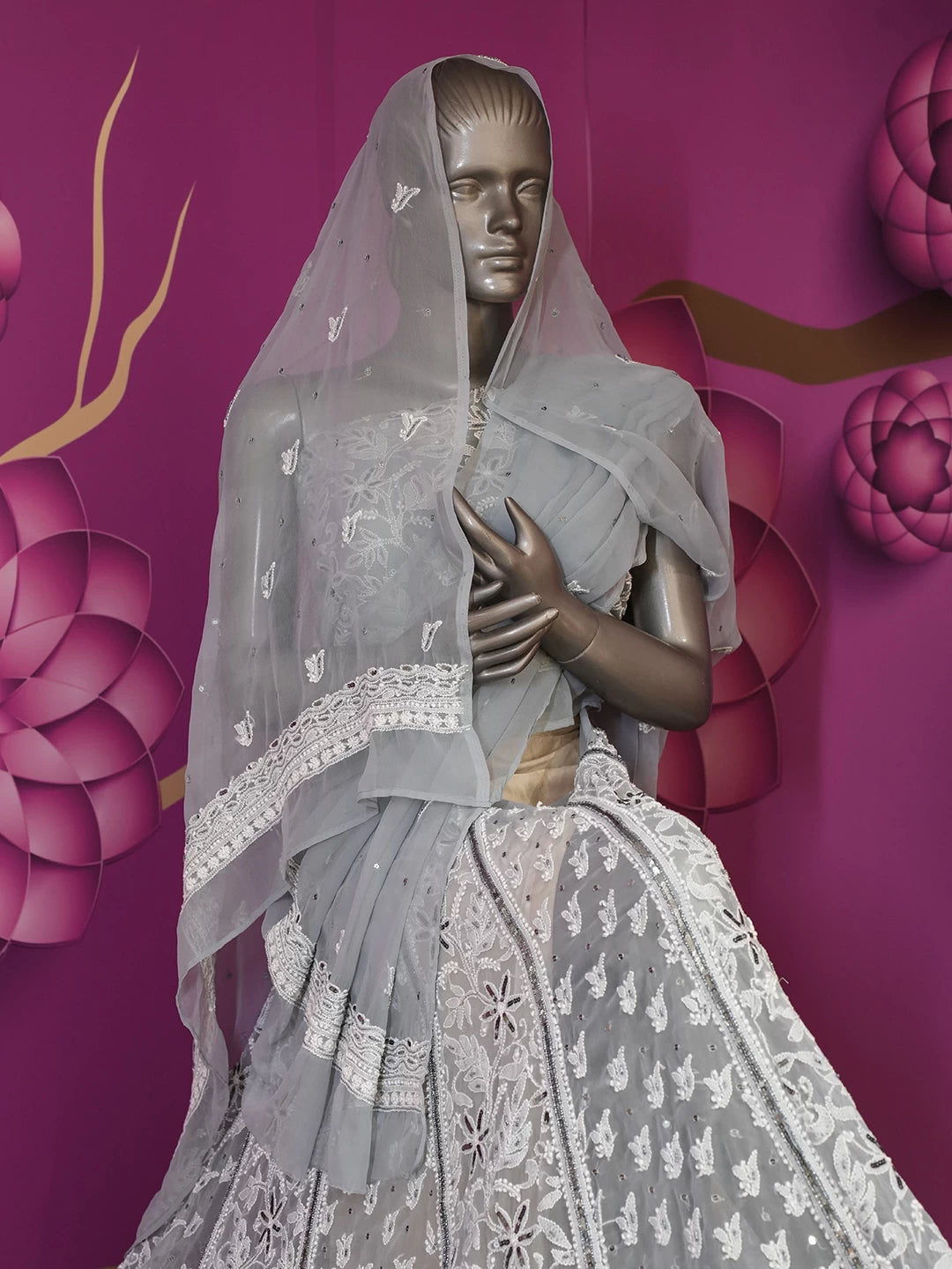 Ada Hand Embroidered Grey Georgette Lucknowi Chikankari Lehenga Set With Sequins Work 01A410344