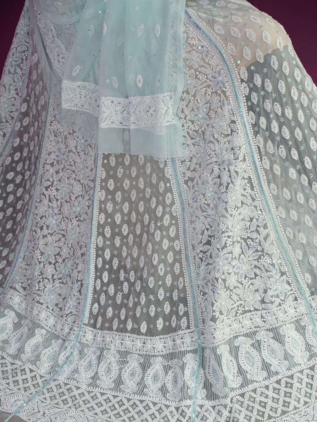 Ada Hand Embroidered Sea Green Georgette Lucknowi Chikankari Lehenga Set With Pearl Work 01A462863