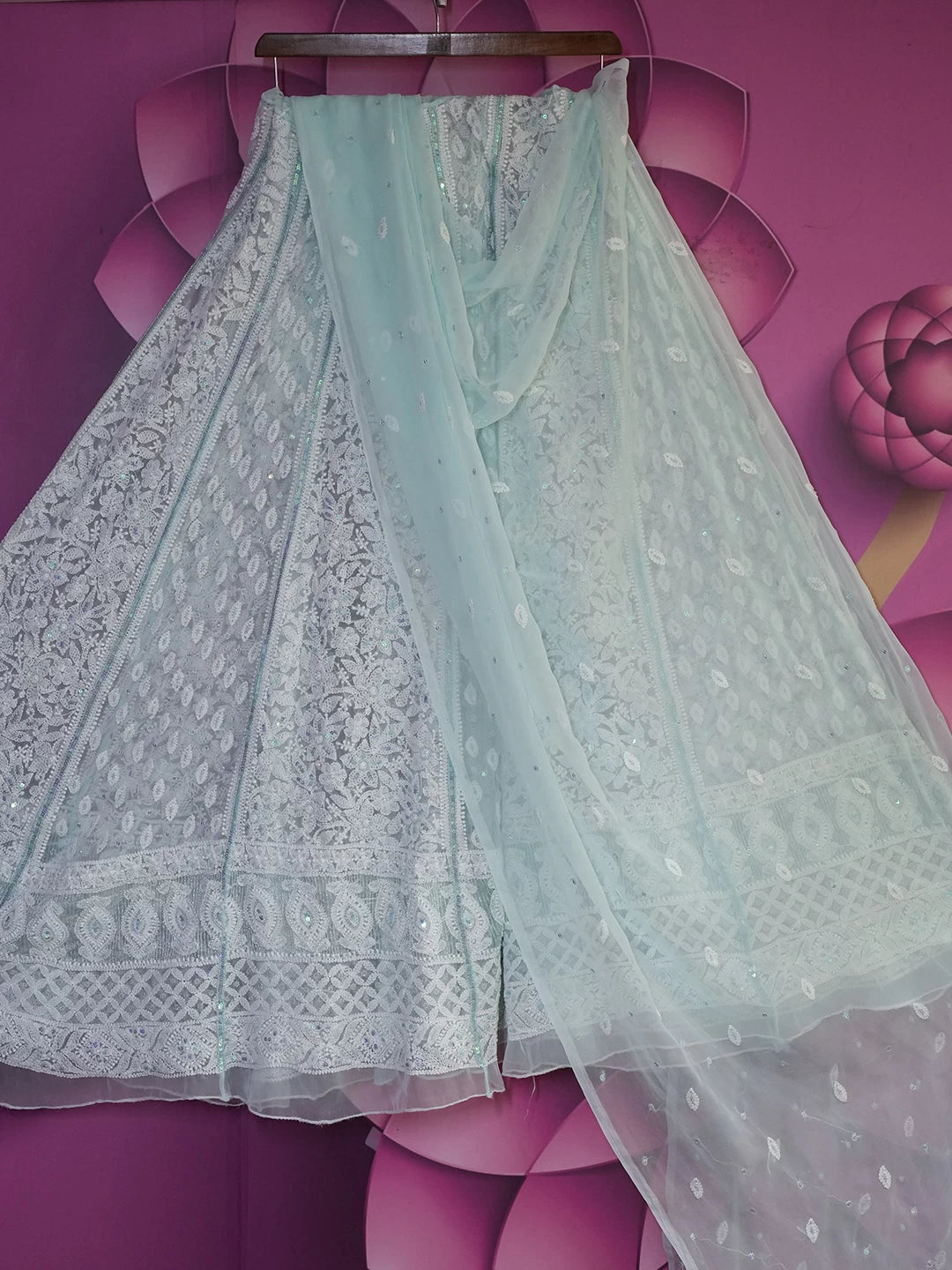 Ada Hand Embroidered Sea Green Georgette Lucknowi Chikankari Lehenga Set With Pearl Work 01A462863