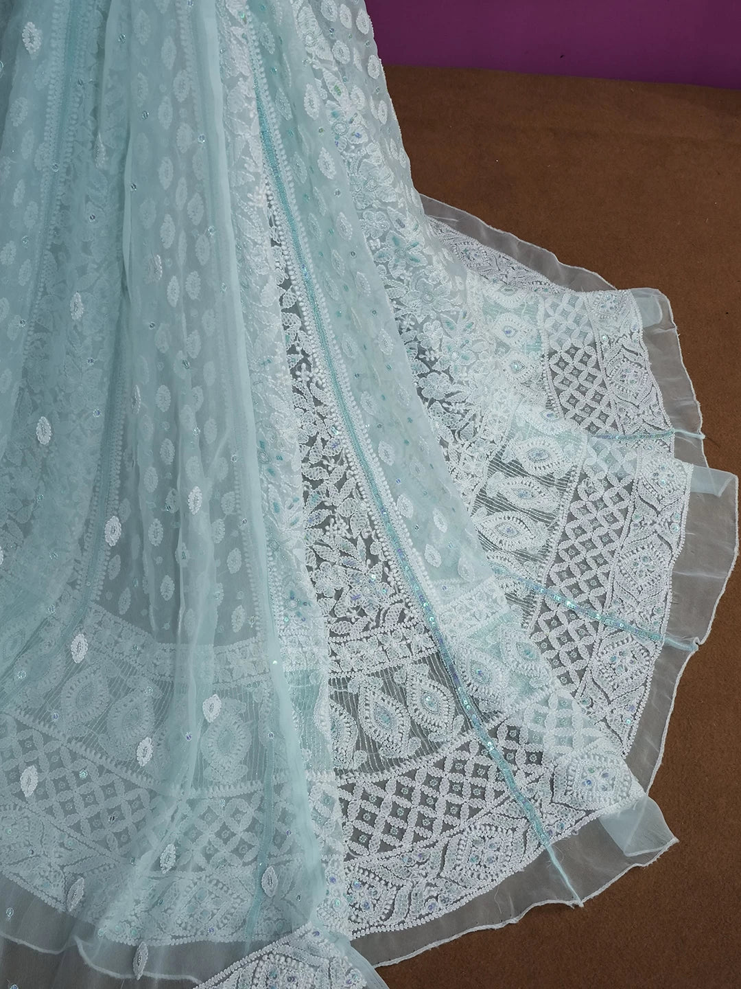 Ada Hand Embroidered Sea Green Georgette Lucknowi Chikankari Lehenga Set With Pearl Work 01A462863