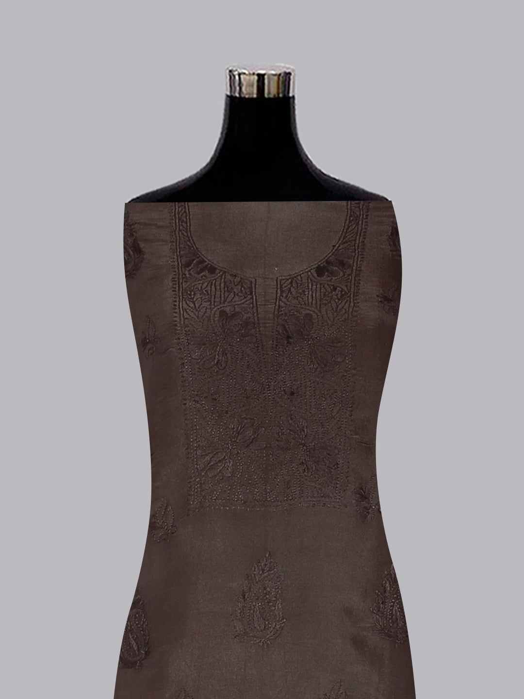 Ada Hand Embroidered Brown Tissue Lucknowi Chikankari Unstitched Kurta Dupatta Set 01A471366