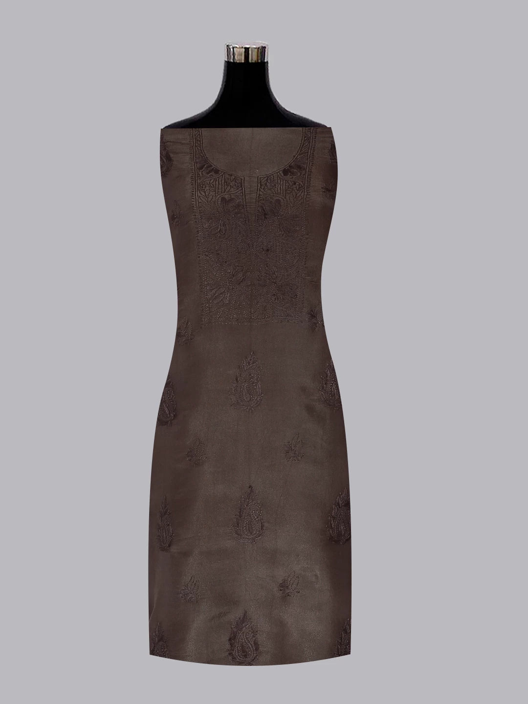 Ada Hand Embroidered Brown Tissue Lucknowi Chikankari Unstitched Kurta Dupatta Set 01A471366