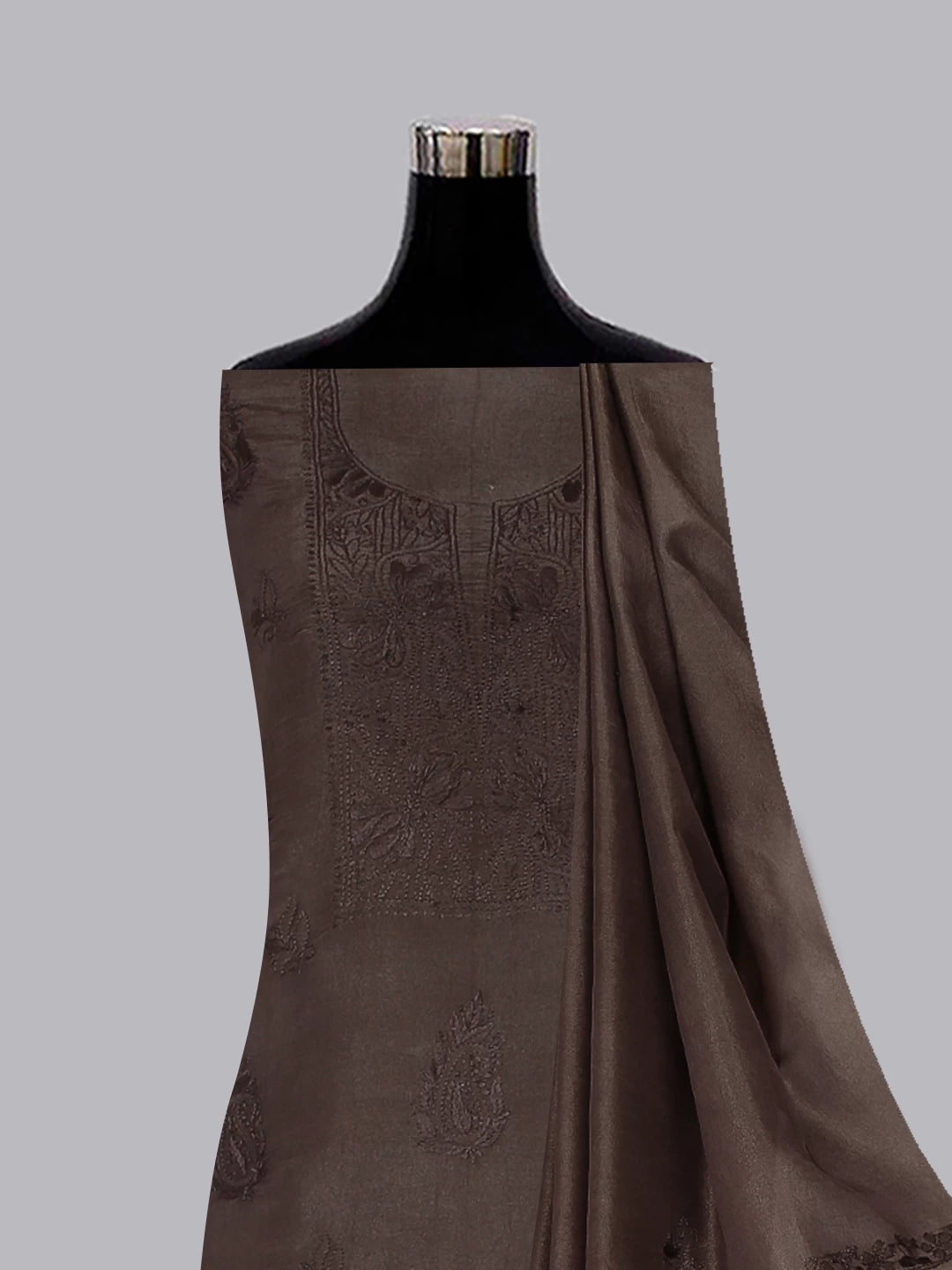 Ada Hand Embroidered Brown Tissue Lucknowi Chikankari Unstitched Kurta Dupatta Set 01A471366