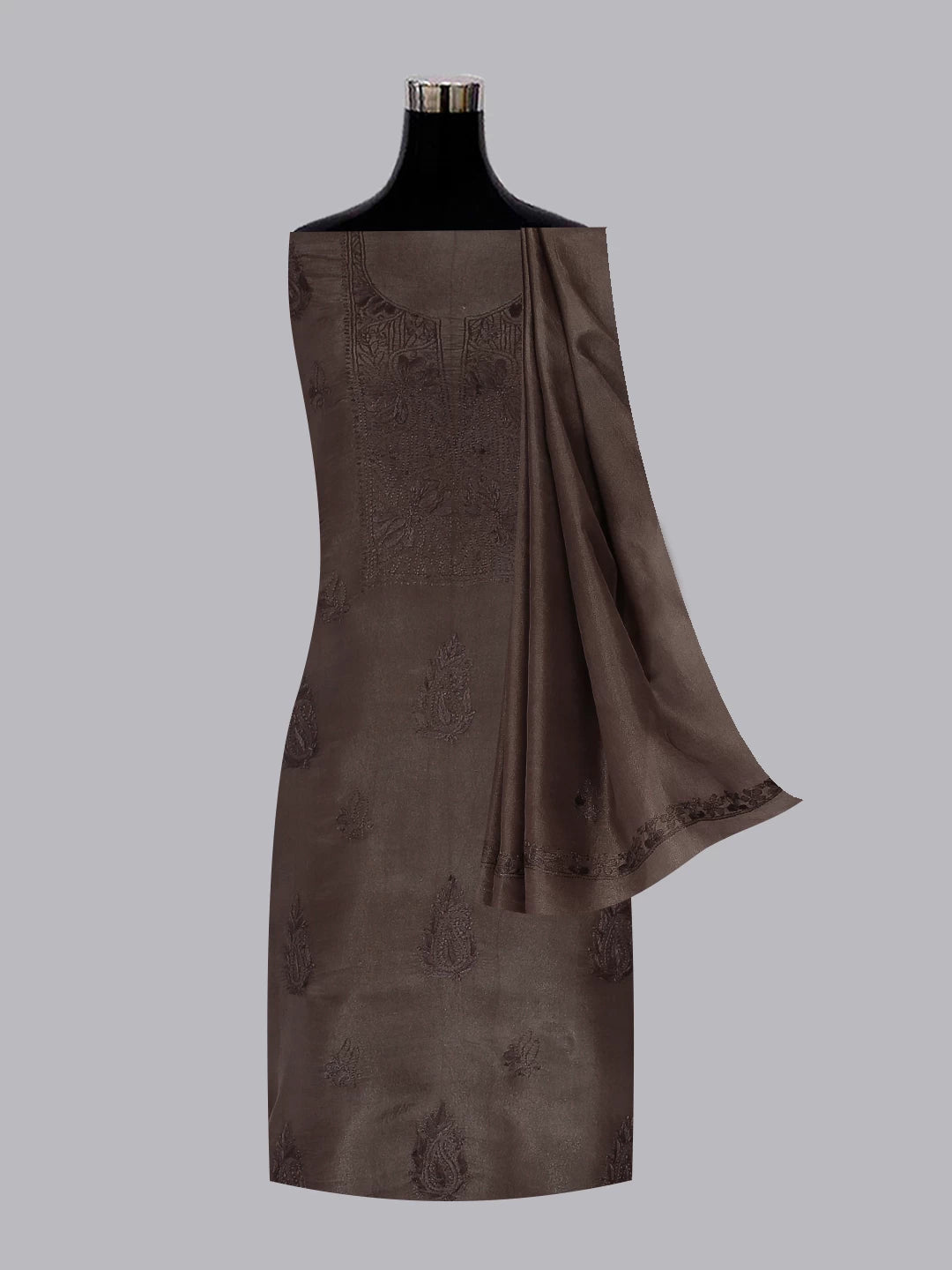 Ada Hand Embroidered Brown Tissue Lucknowi Chikankari Unstitched Kurta Dupatta Set 01A471366