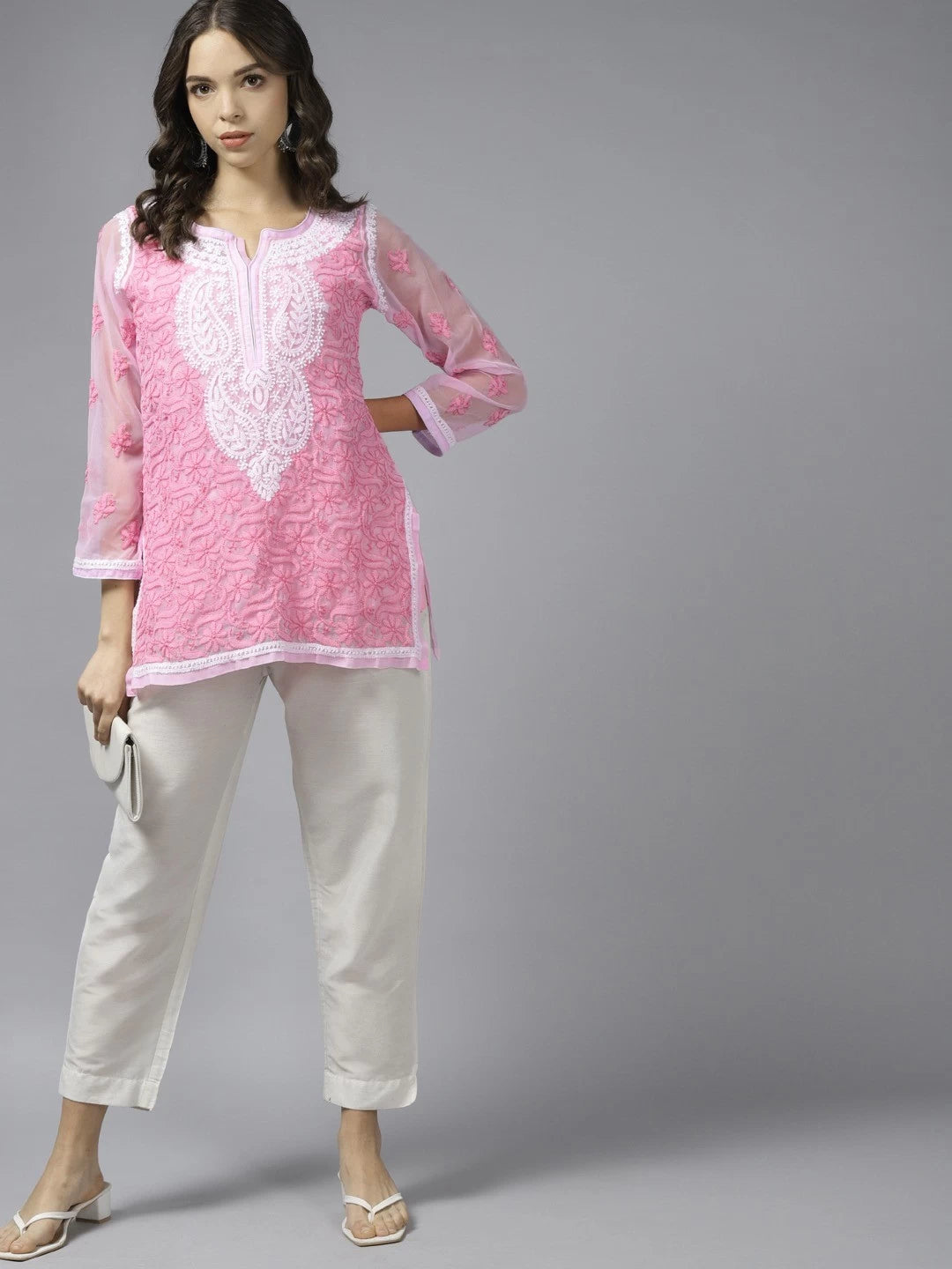 Ada Hand Embroidered Pink Georgette Lucknowi Chikankari Kurti With Slip A212101