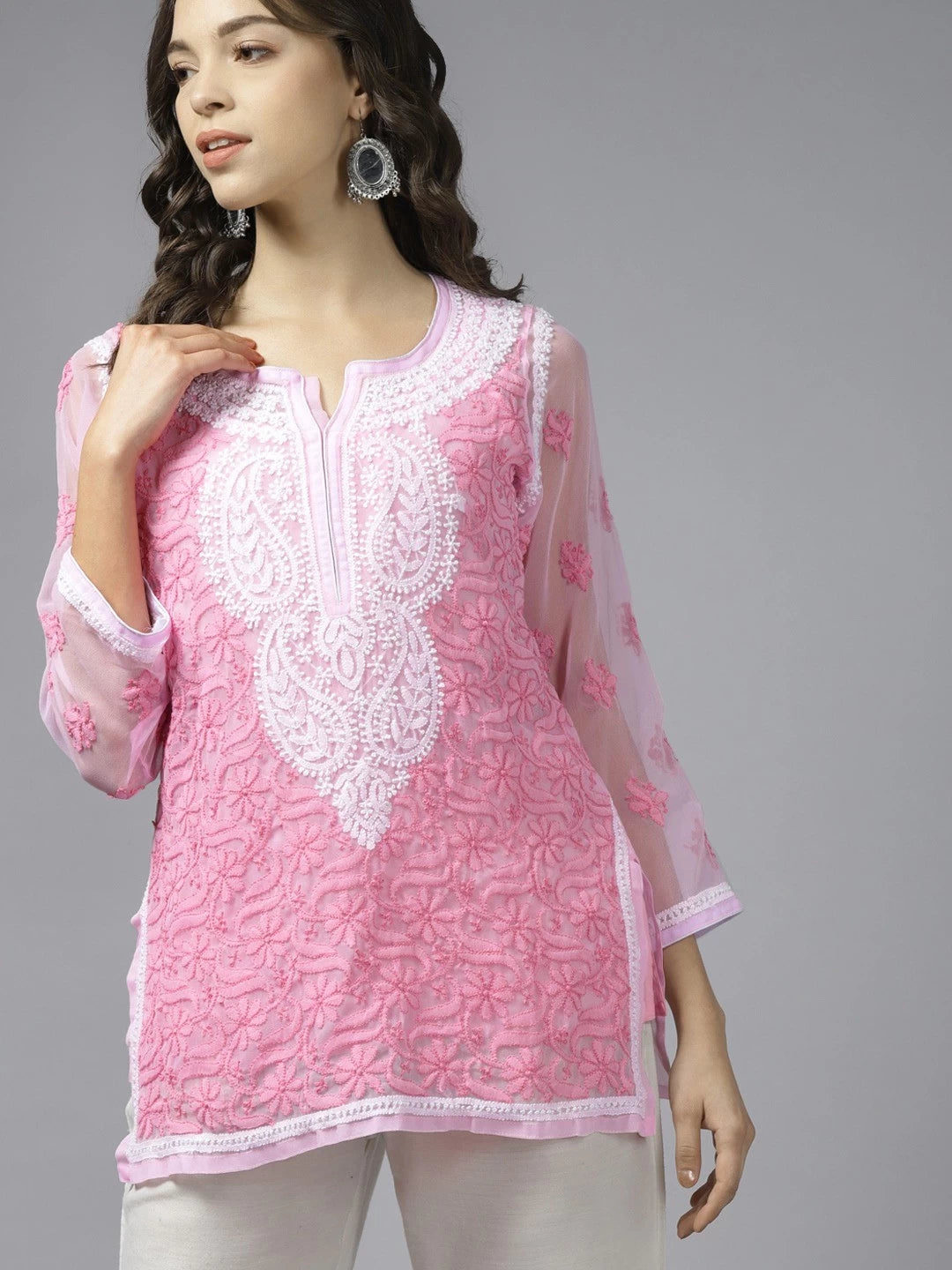 Ada Hand Embroidered Pink Georgette Lucknowi Chikankari Kurti With Slip A212101
