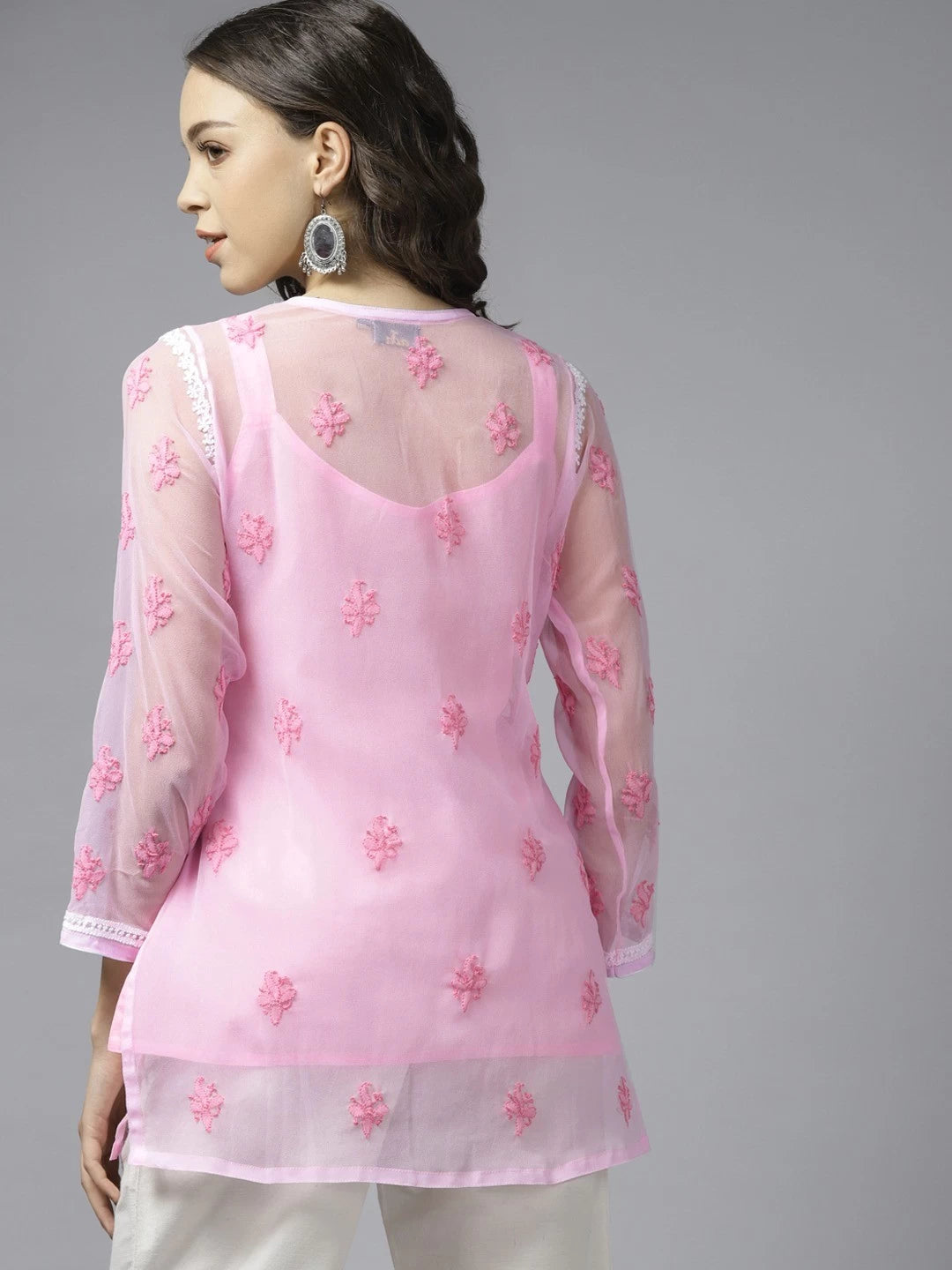 Ada Hand Embroidered Pink Georgette Lucknowi Chikankari Kurti With Slip A212101