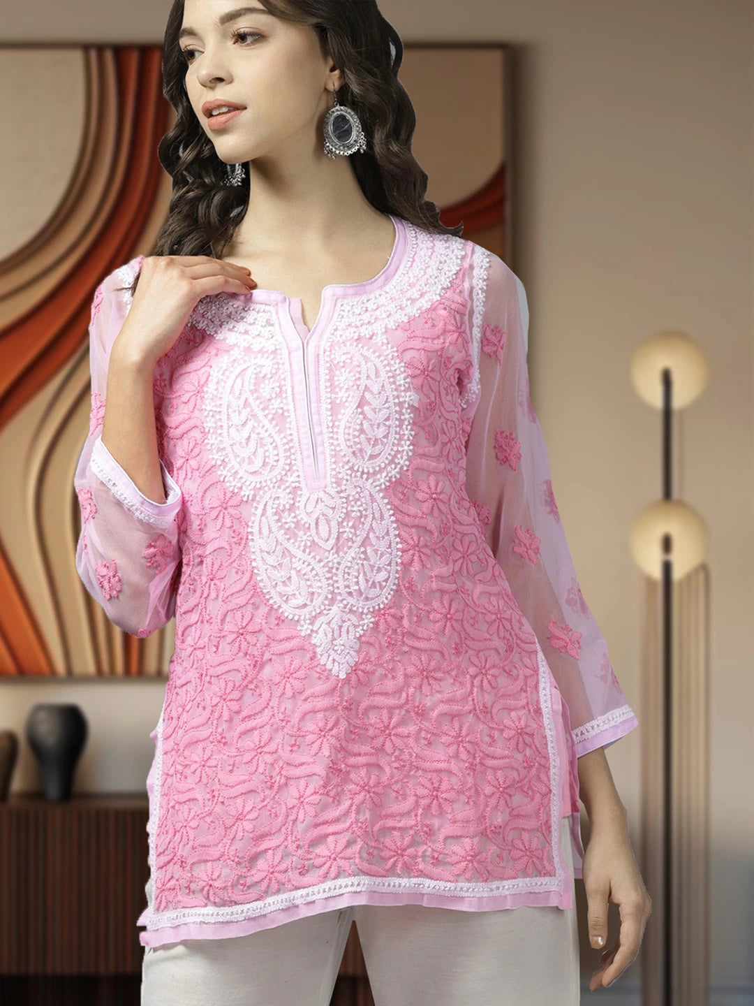 Ada Hand Embroidered Pink Georgette Lucknowi Chikankari Kurti With Slip A212101