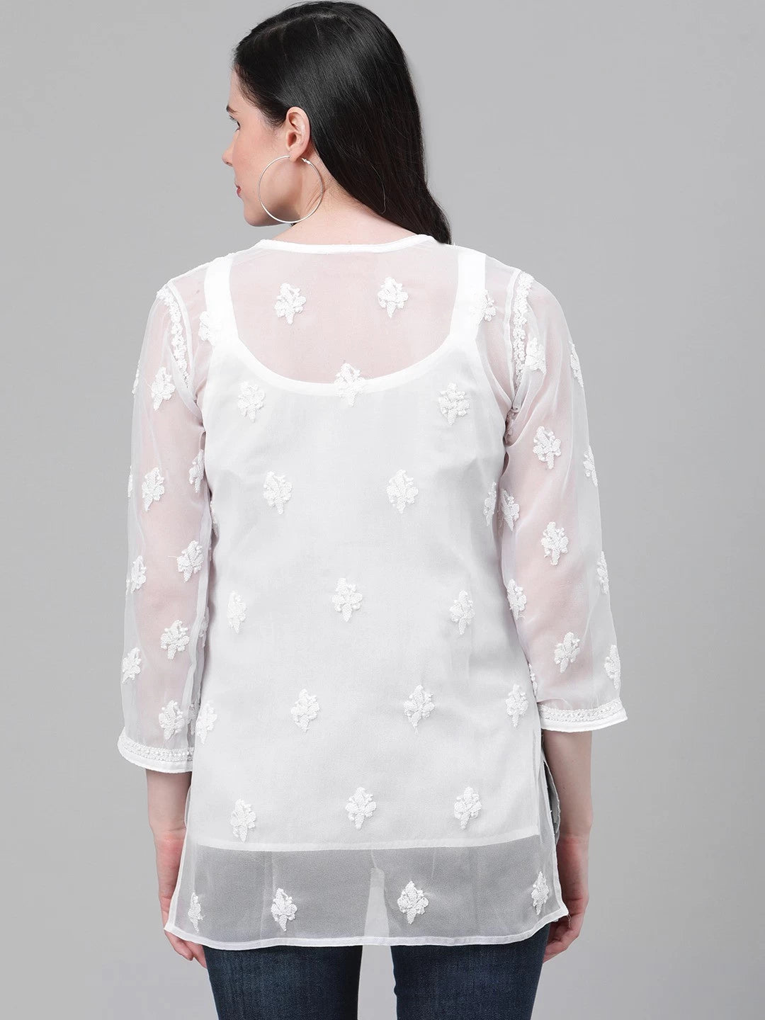 Ada Hand Embroidered White Georgette Lucknowi Chikankari Straight Kurti With Slip A211586