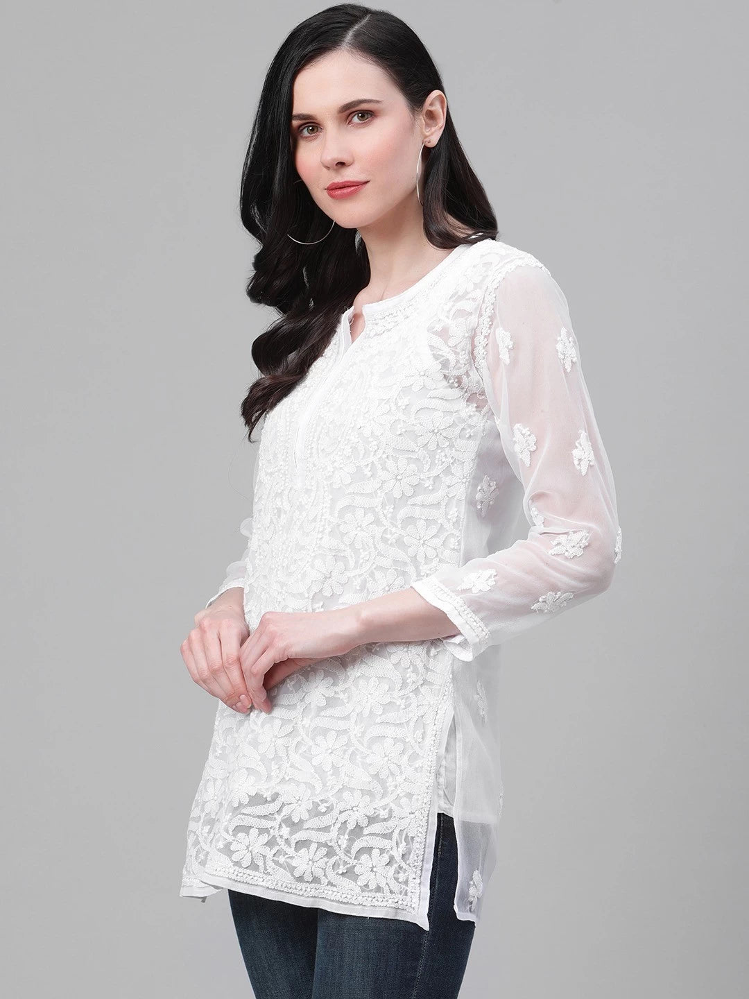 Ada Hand Embroidered White Georgette Lucknowi Chikankari Straight Kurti With Slip A211586