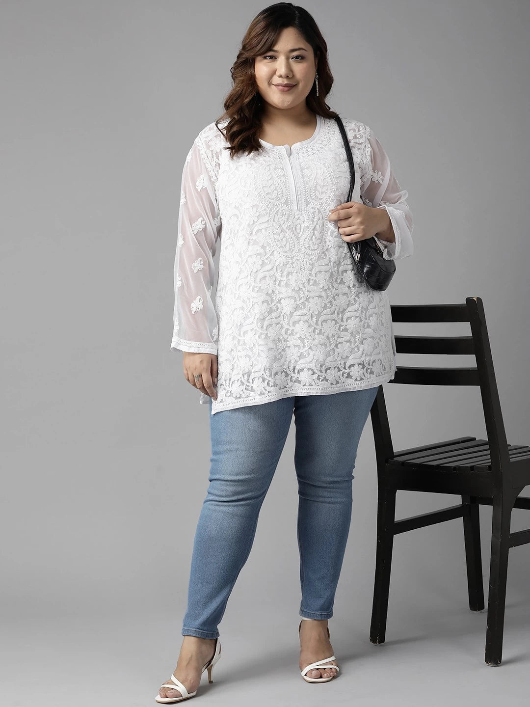 Ada Hand Embroidered White Georgette Lucknowi Chikankari Straight Kurti With Slip A211586