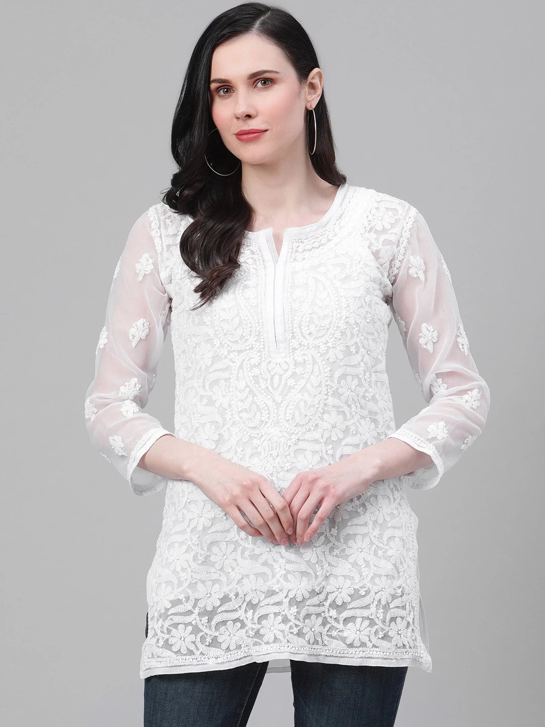 Ada Hand Embroidered White Georgette Lucknowi Chikankari Straight Kurti With Slip A211586