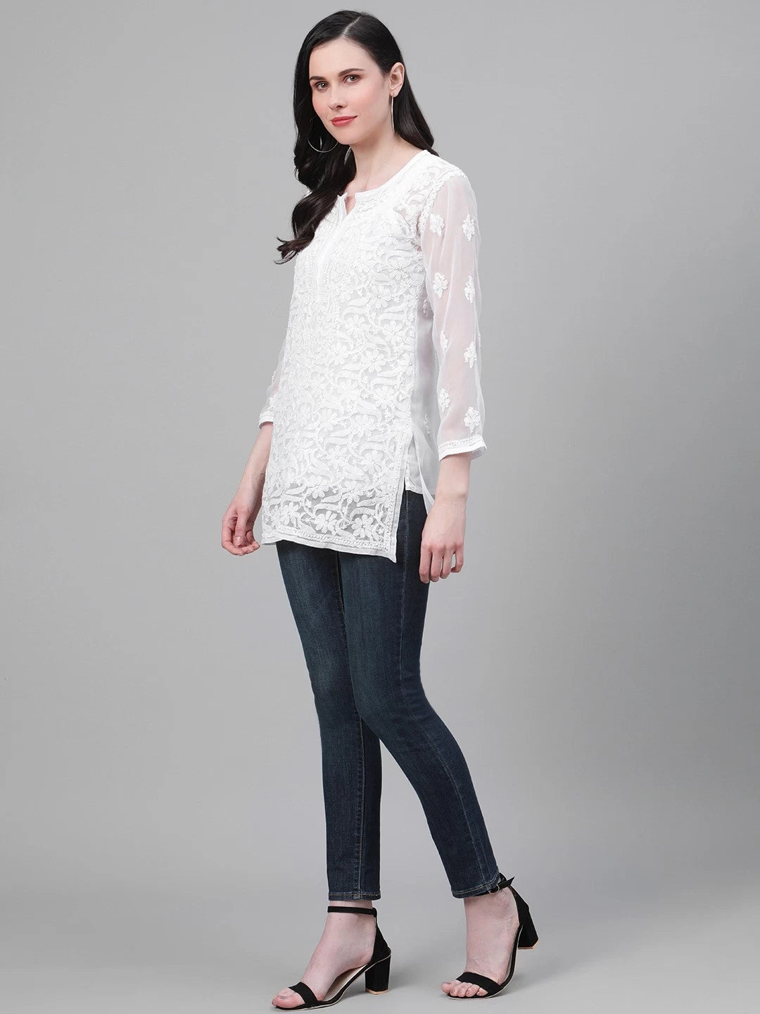 Ada Hand Embroidered White Georgette Lucknowi Chikankari Straight Kurti With Slip A211586