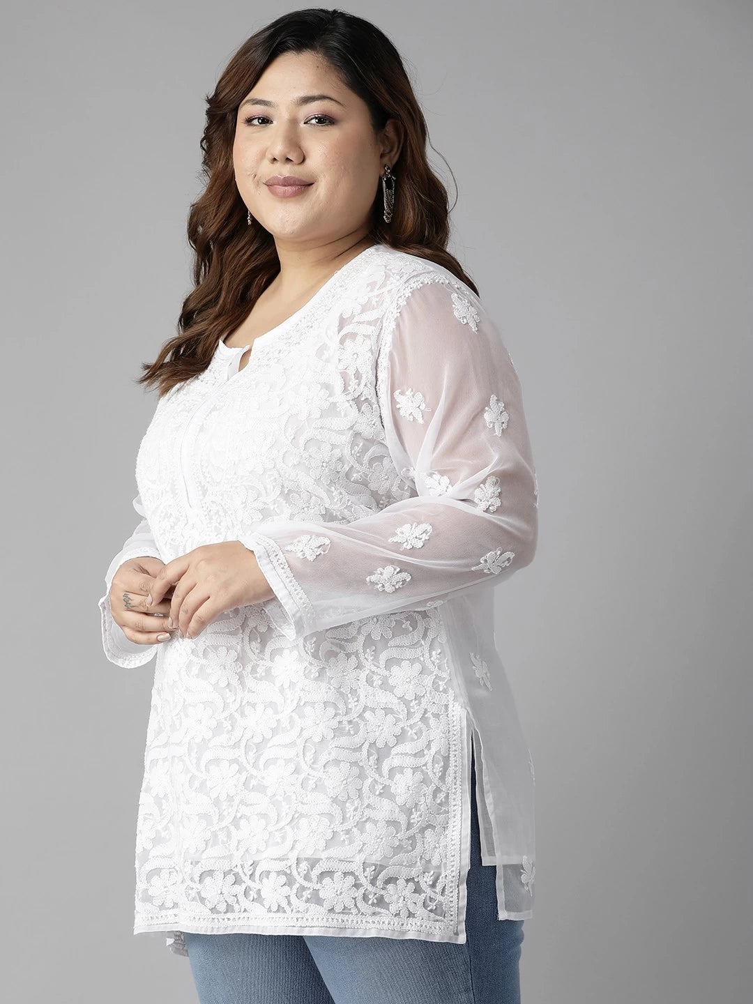 Ada Hand Embroidered White Georgette Lucknowi Chikankari Straight Kurti With Slip A211586