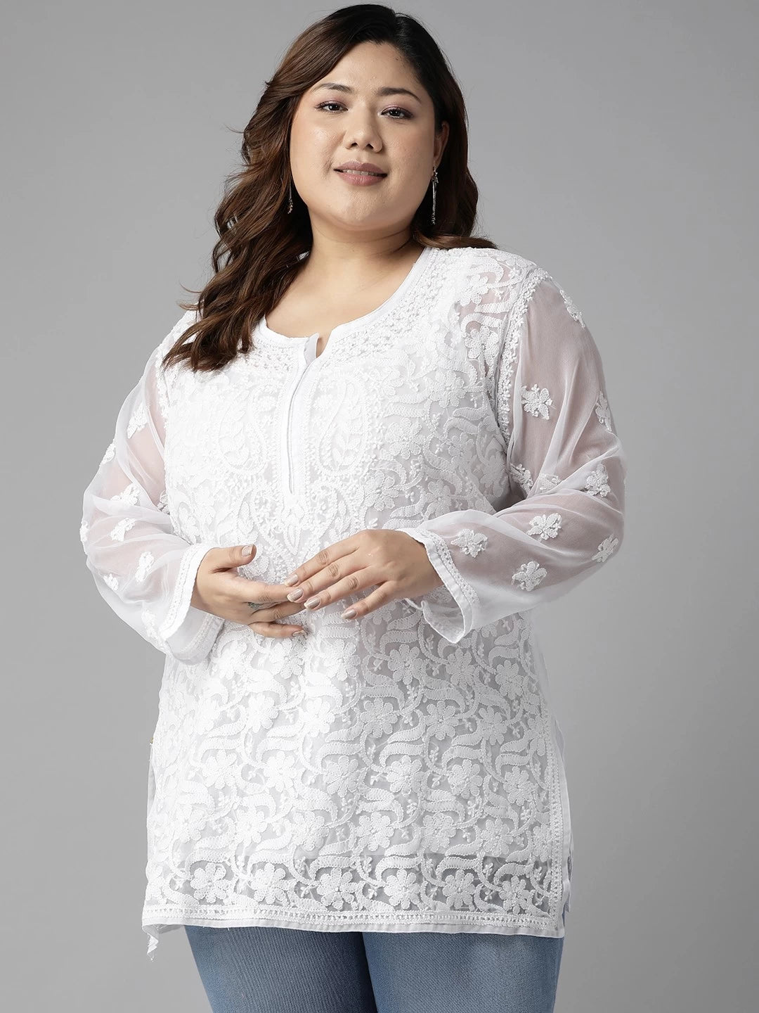 Ada Hand Embroidered White Georgette Lucknowi Chikankari Straight Kurti With Slip A211586