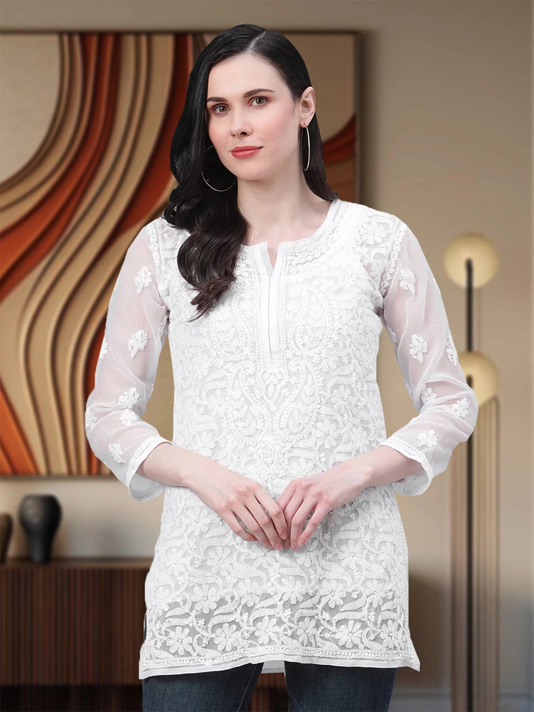 Ada Hand Embroidered White Georgette Lucknowi Chikankari Straight Kurti With Slip A211586