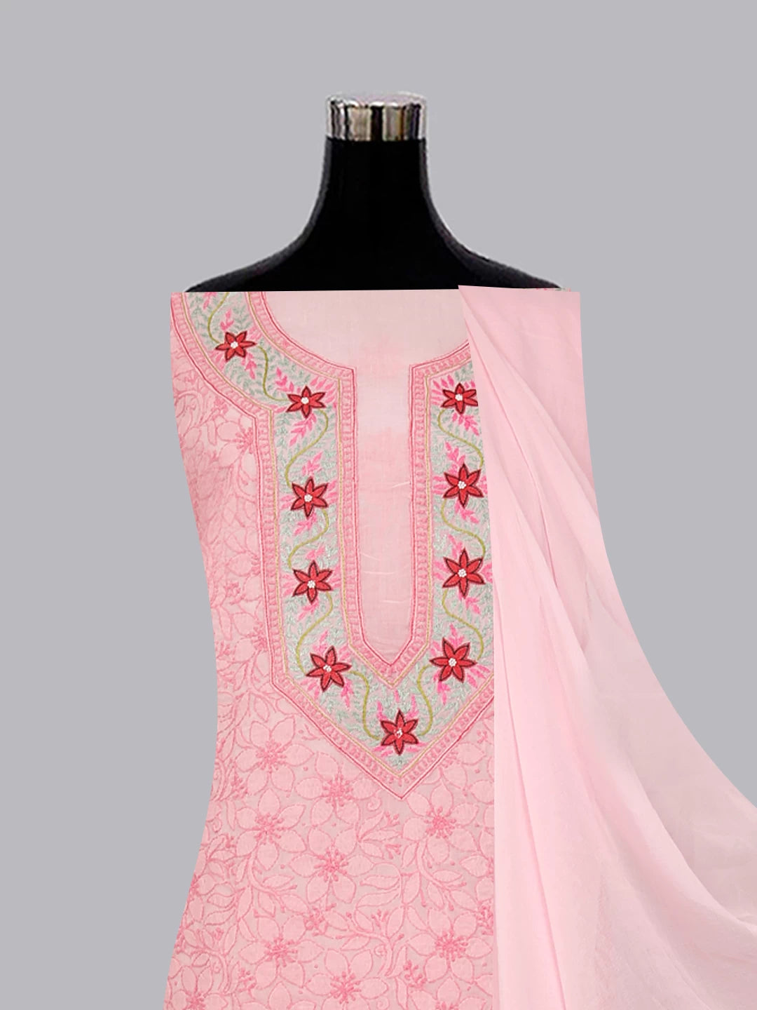 Ada Hand Embroidered Pink Cotton Lucknowi Chikan Unstitched Suit Piece With Parsi work 01A474407