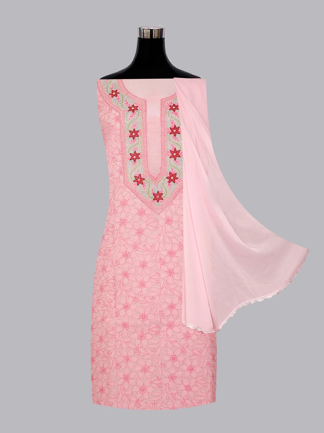 Ada Hand Embroidered Pink Cotton Lucknowi Chikan Unstitched Suit Piece With Parsi work 01A474407