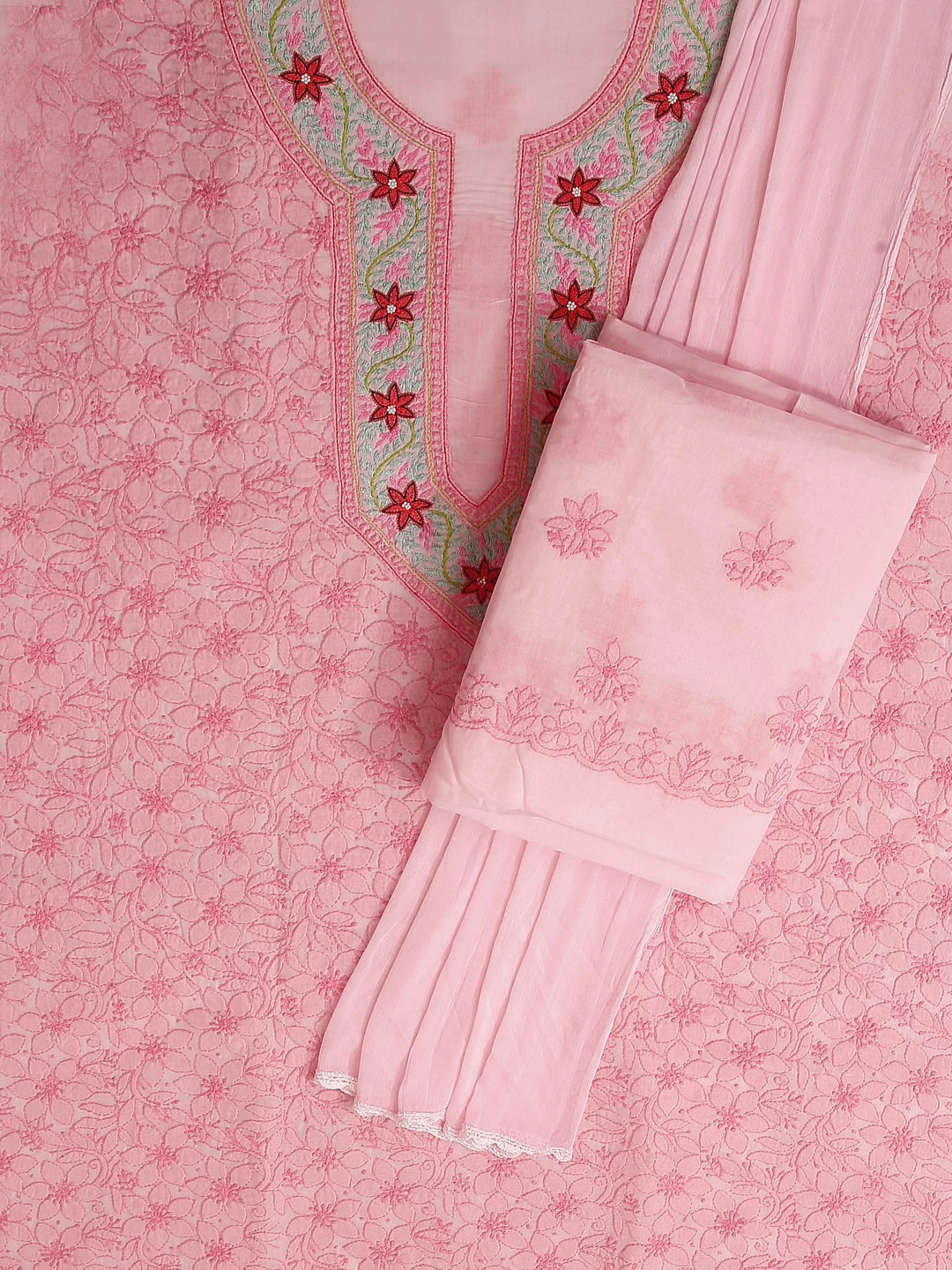 Ada Hand Embroidered Pink Cotton Lucknowi Chikan Unstitched Suit Piece With Parsi work 01A474407