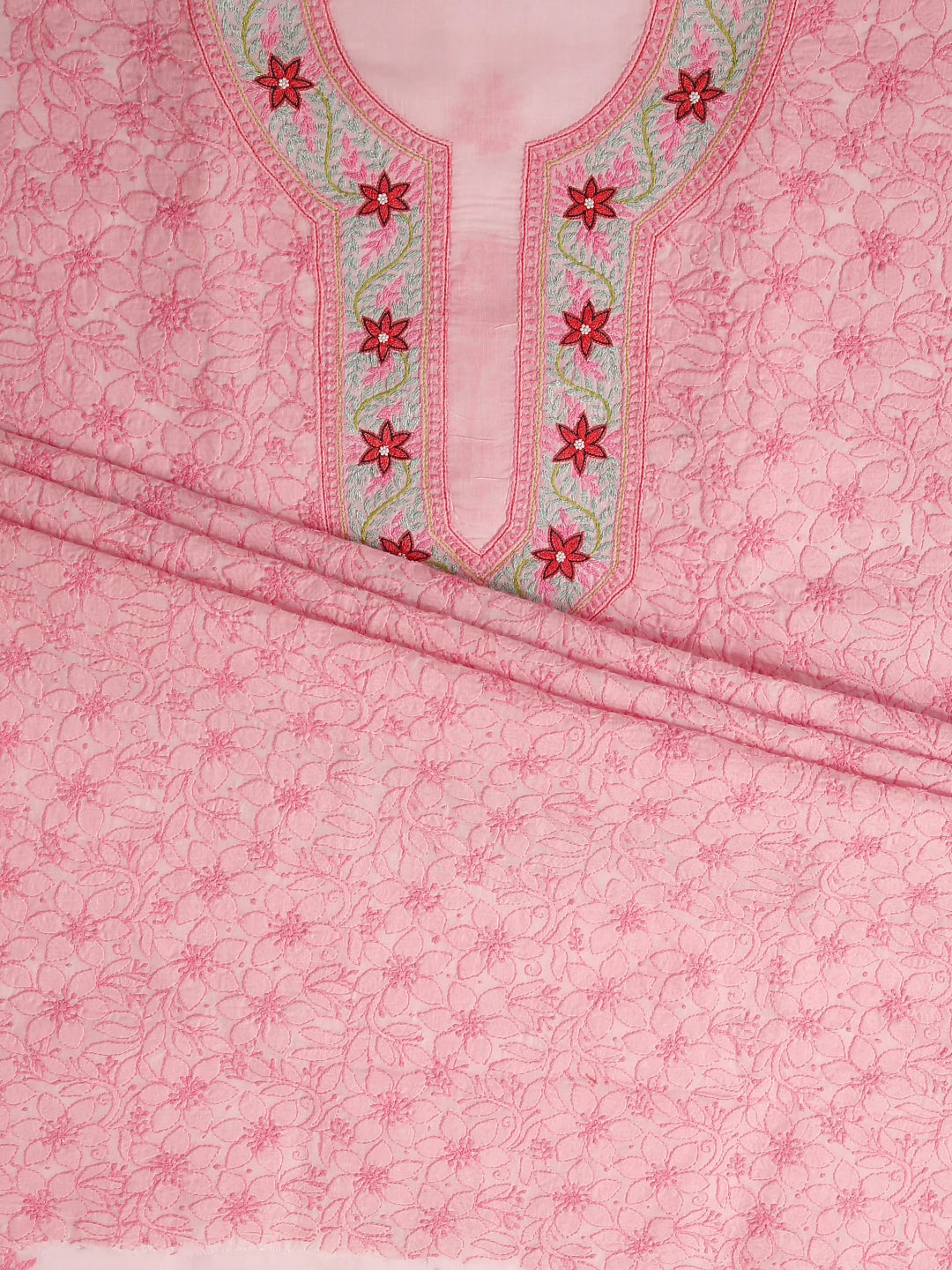 Ada Hand Embroidered Pink Cotton Lucknowi Chikan Unstitched Suit Piece With Parsi work 01A474407