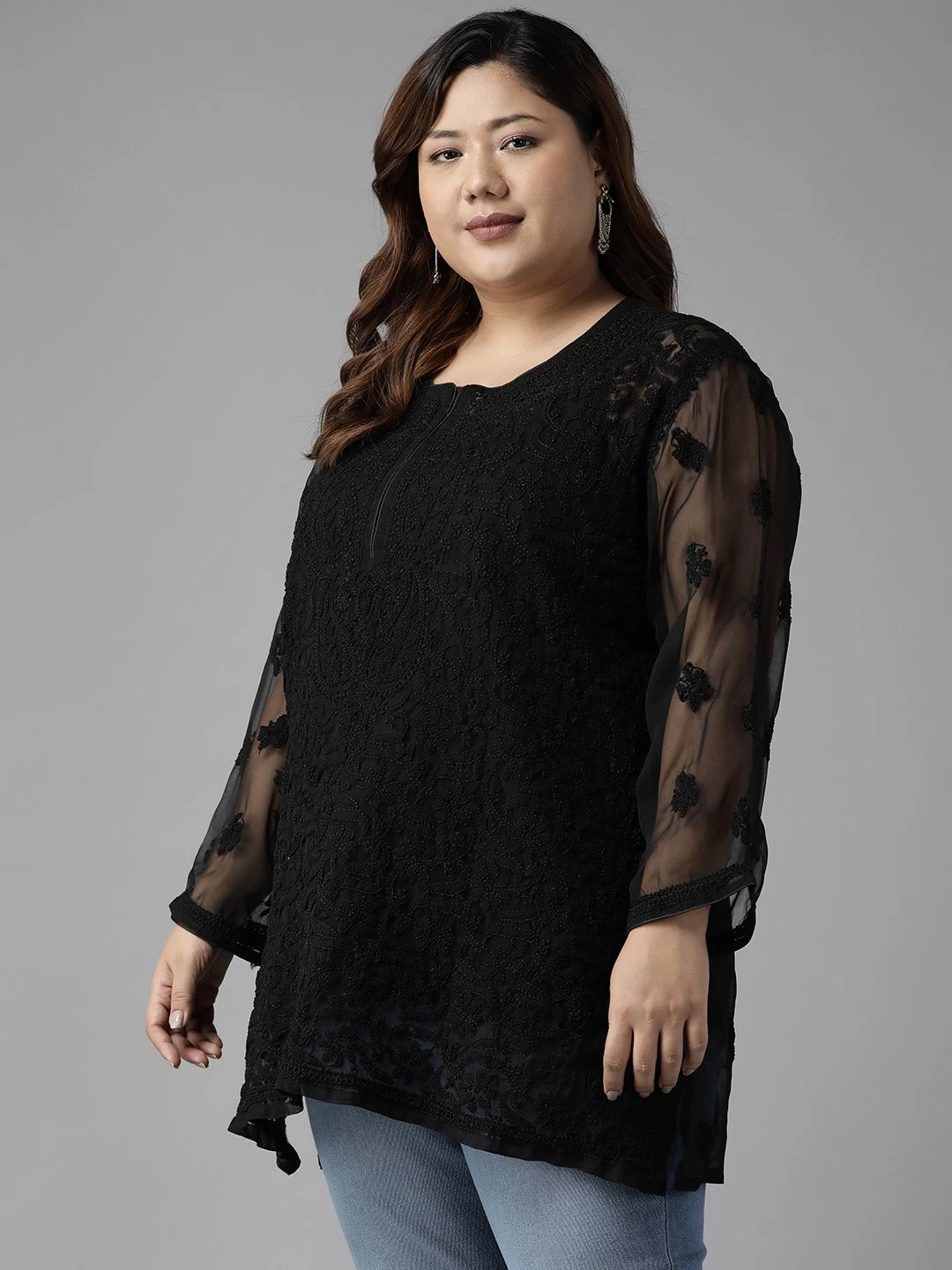 Ada Hand Embroidered Black Faux Georgette Lucknowi Chikankari Straight Kurti With Slip A211628