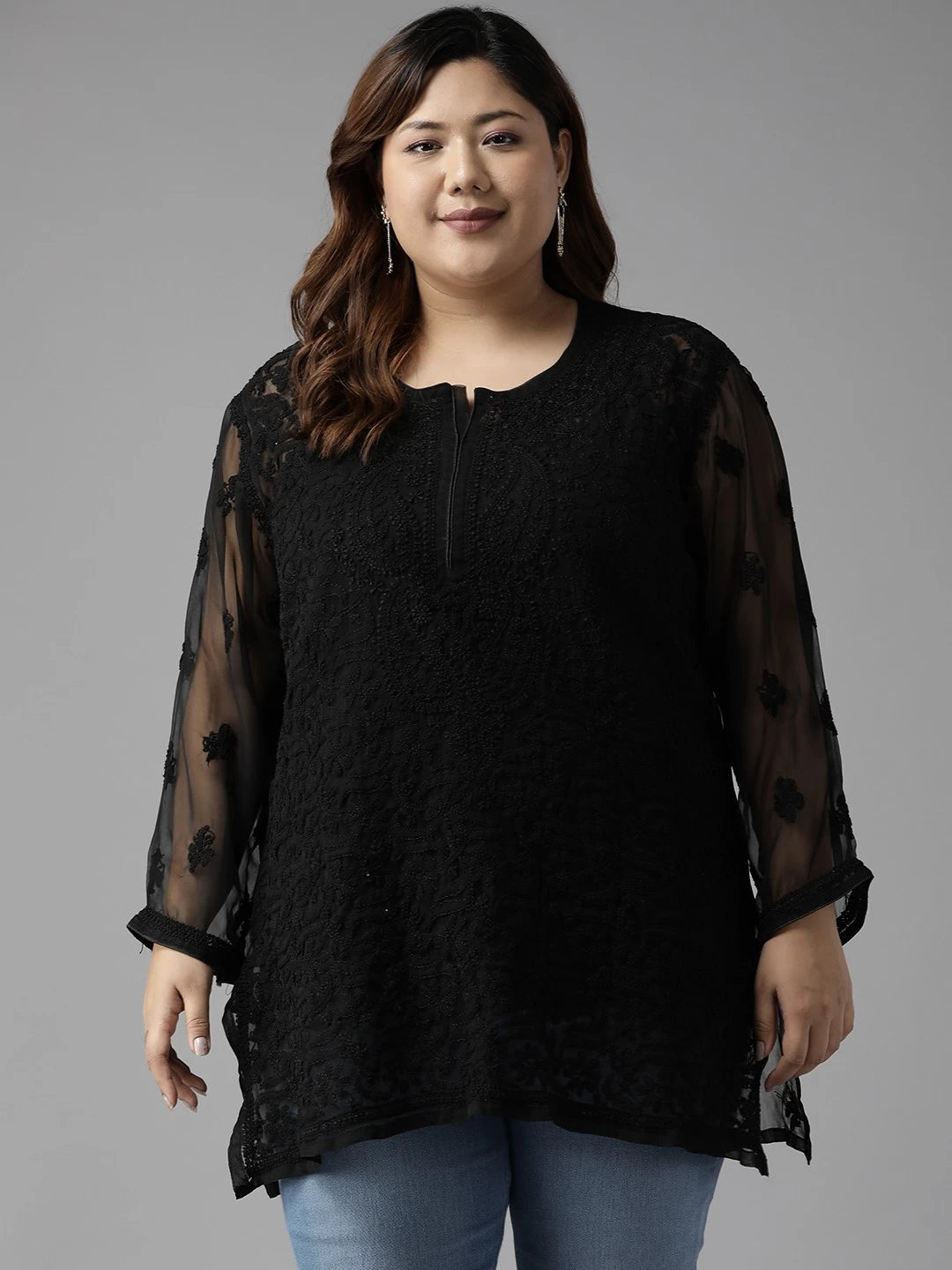 Ada Hand Embroidered Black Faux Georgette Lucknowi Chikankari Straight Kurti With Slip A211628