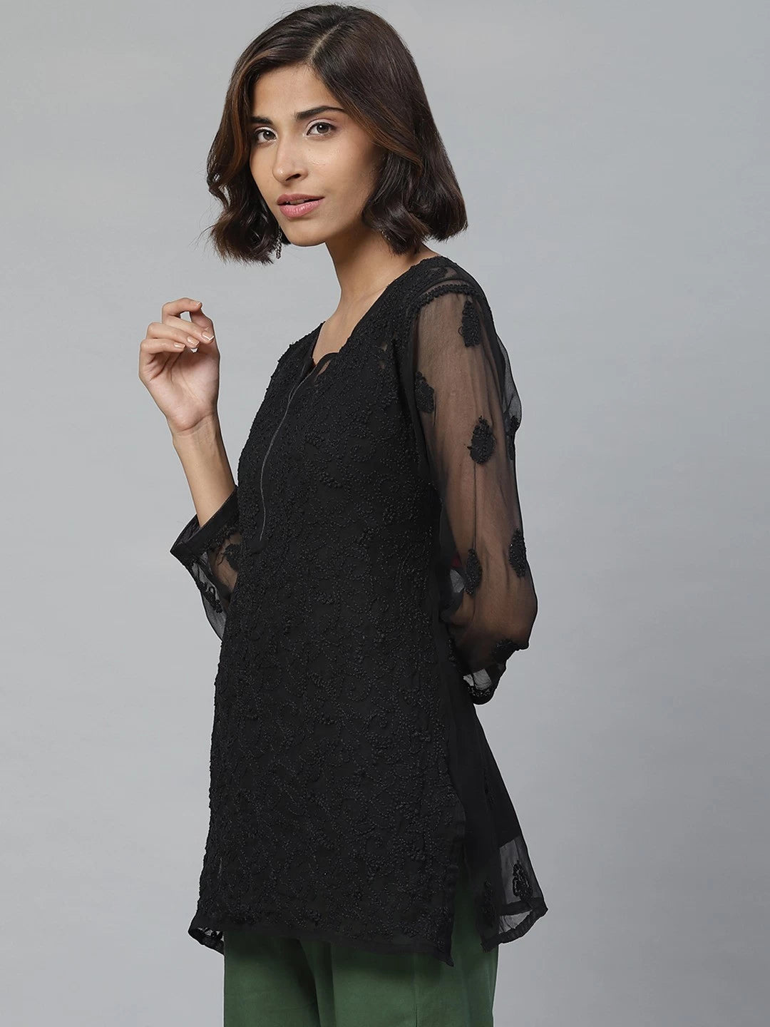Ada Hand Embroidered Black Faux Georgette Lucknowi Chikankari Straight Kurti With Slip A211628