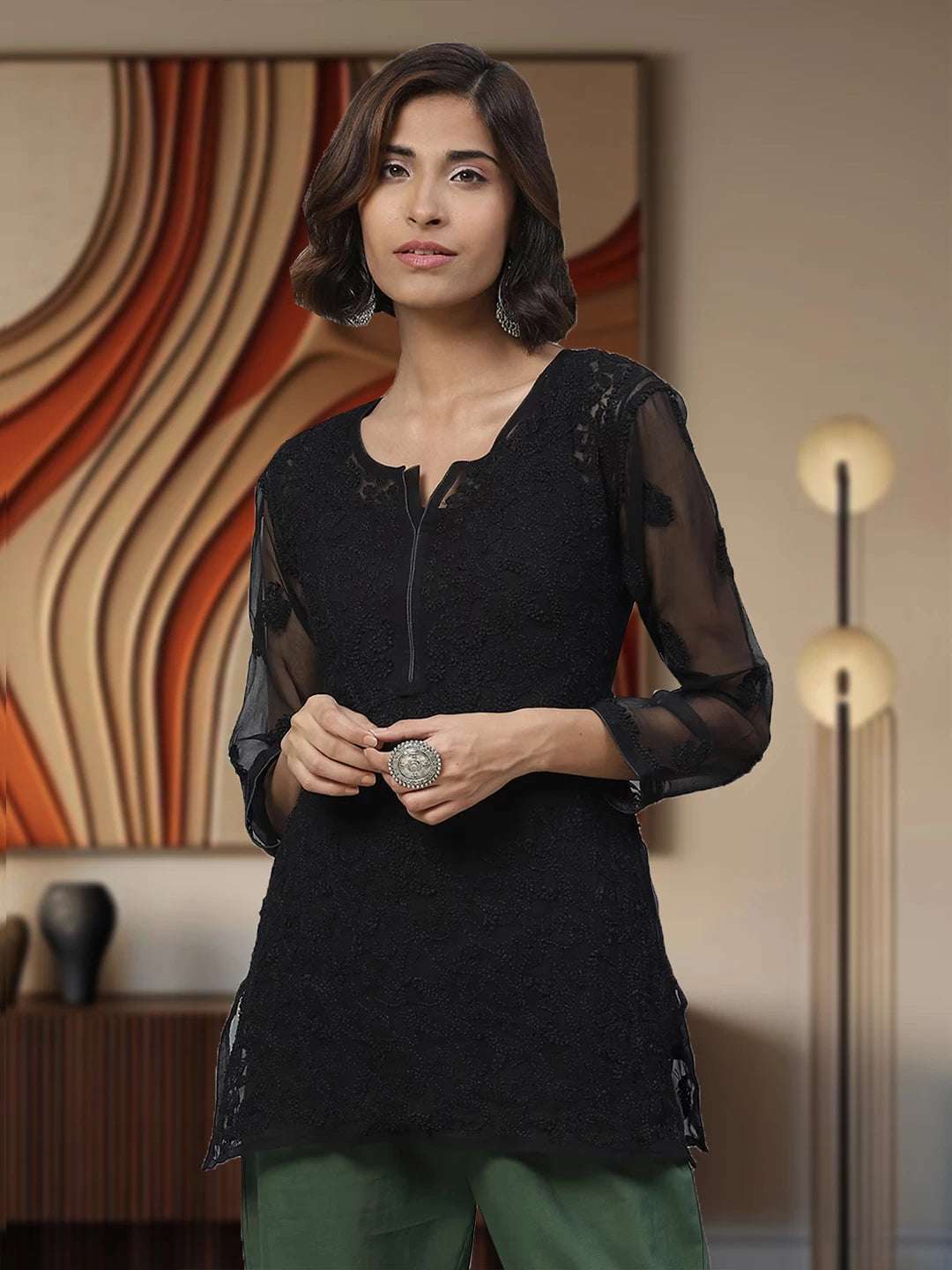 Ada Hand Embroidered Black Faux Georgette Lucknowi Chikankari Straight Kurti With Slip A211628